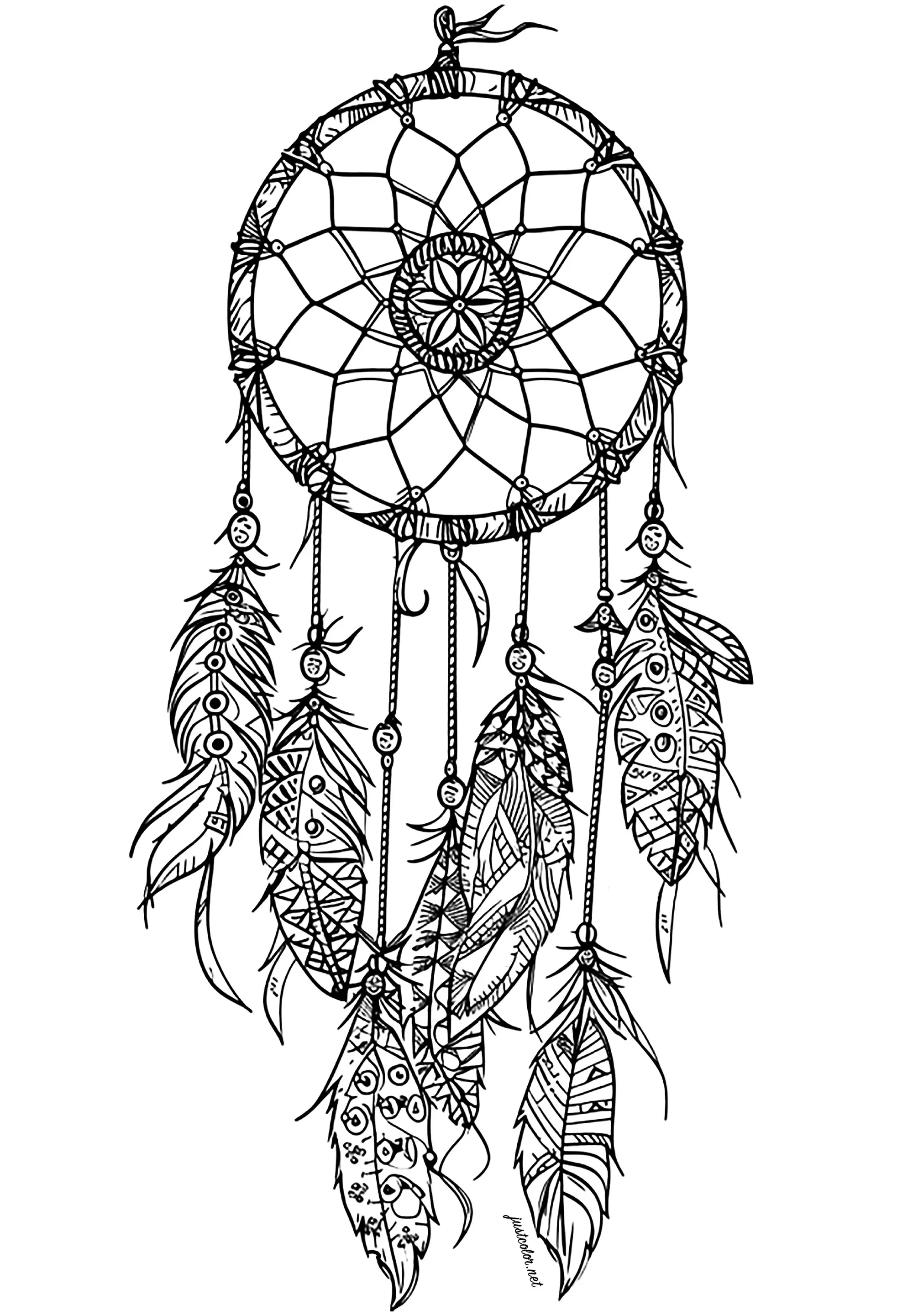 L'Attrape-rêve aux sept plumes (Coloriage d'Attrape-rêves (Dreamcatchers) à imprimer pour adultes)