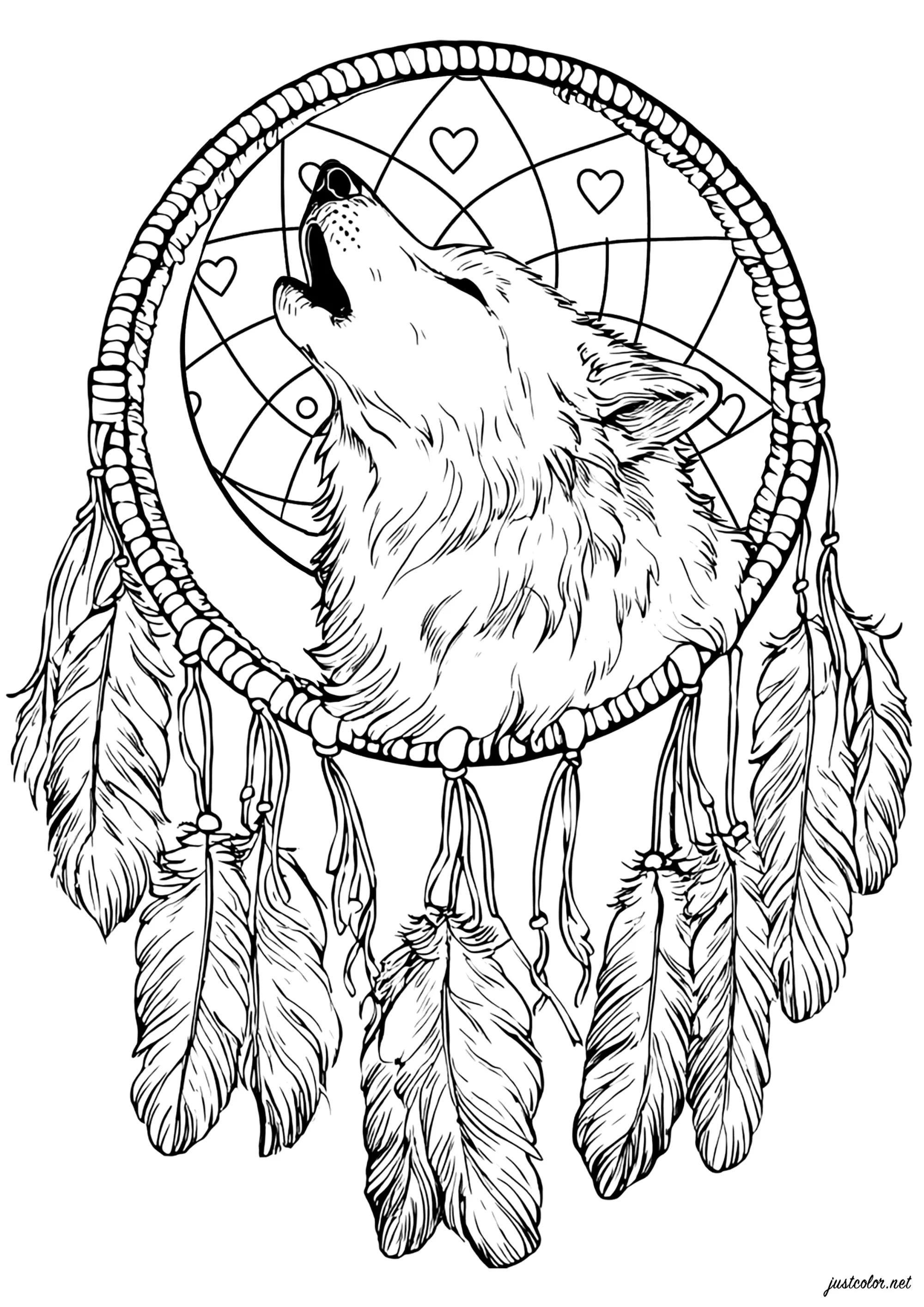 Loup hurlant avec attrape-rêves (Coloriage d'Attrape-rêves (Dreamcatchers) à imprimer pour adultes)