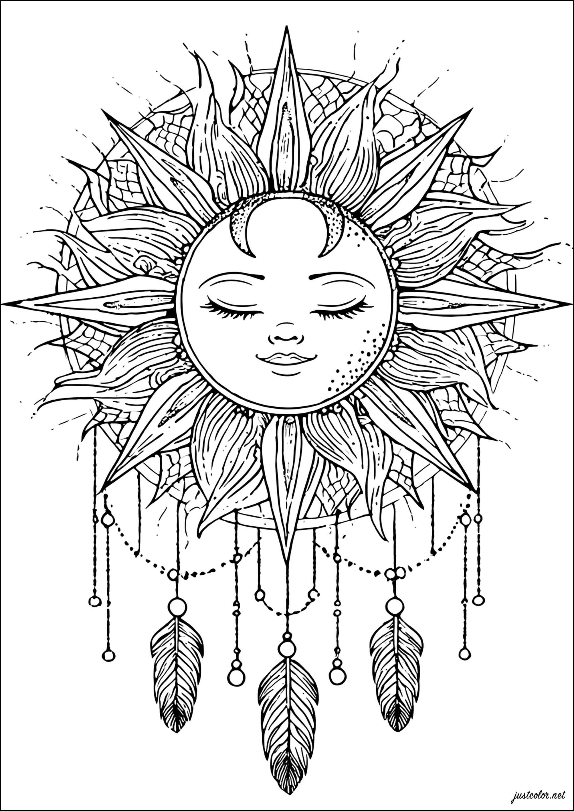Rêverie solaire apaisante et mystique (Coloriage d'Attrape-rêves (Dreamcatchers) à imprimer pour adultes)