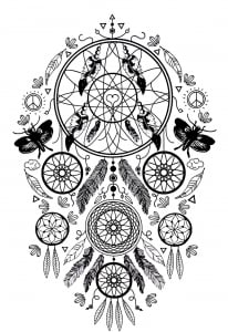 Coloriage d'Attrape-rêves (Dreamcatchers) à imprimer pour adultes : Complexe-attrape-reve-plumes-et-papillons