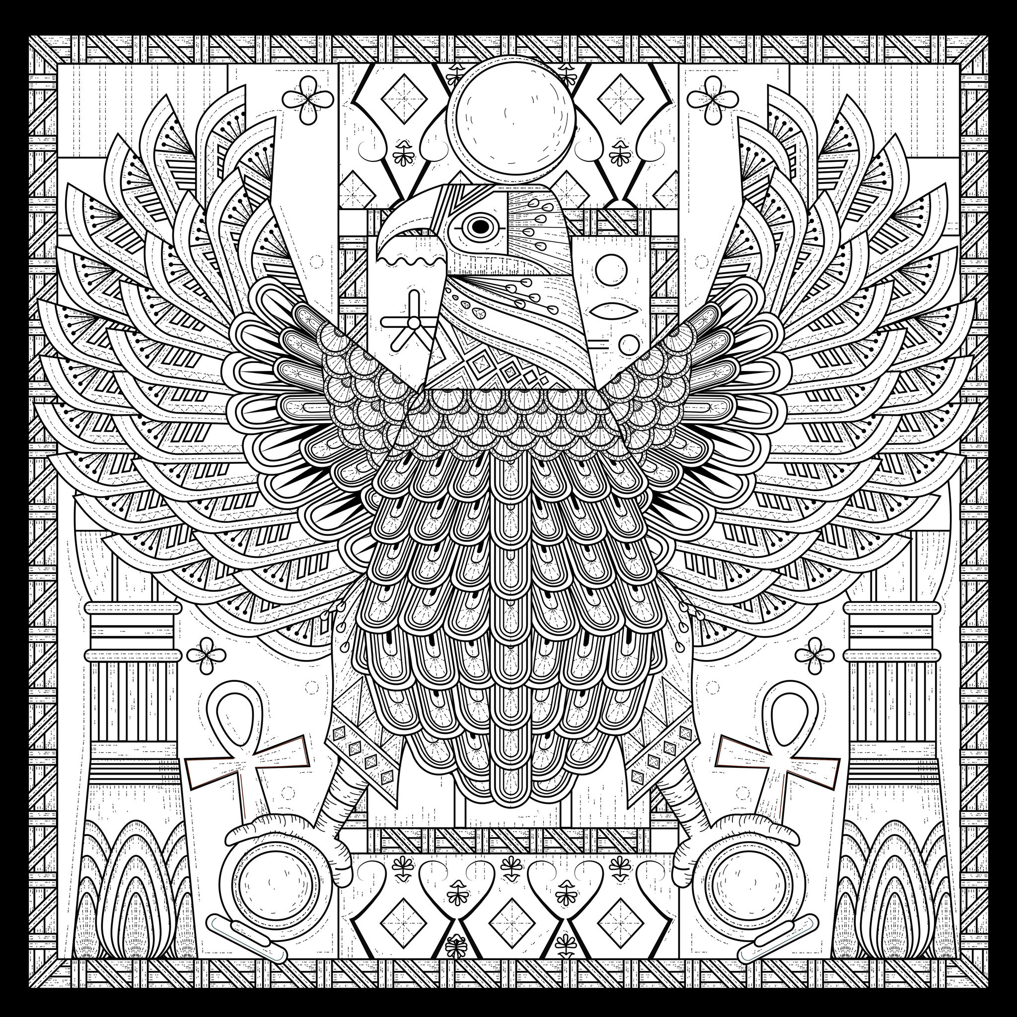 Coloriage complexe style égyptien d'un aigle, symbole d'unité, Artiste : Kchung   Source : 123rf