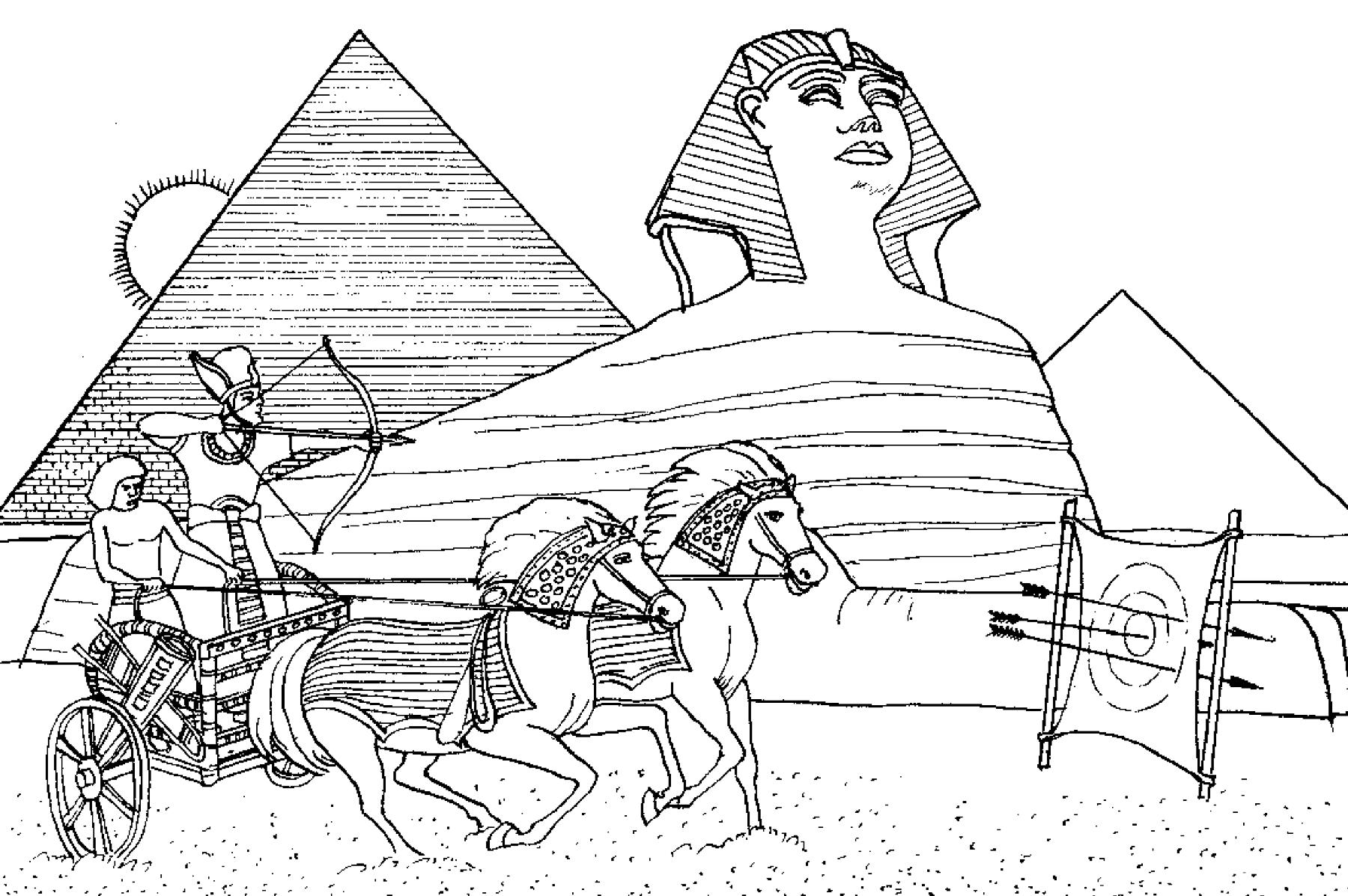 Coloriage d'un archer sur son char, devant le célèbre Sphynx
