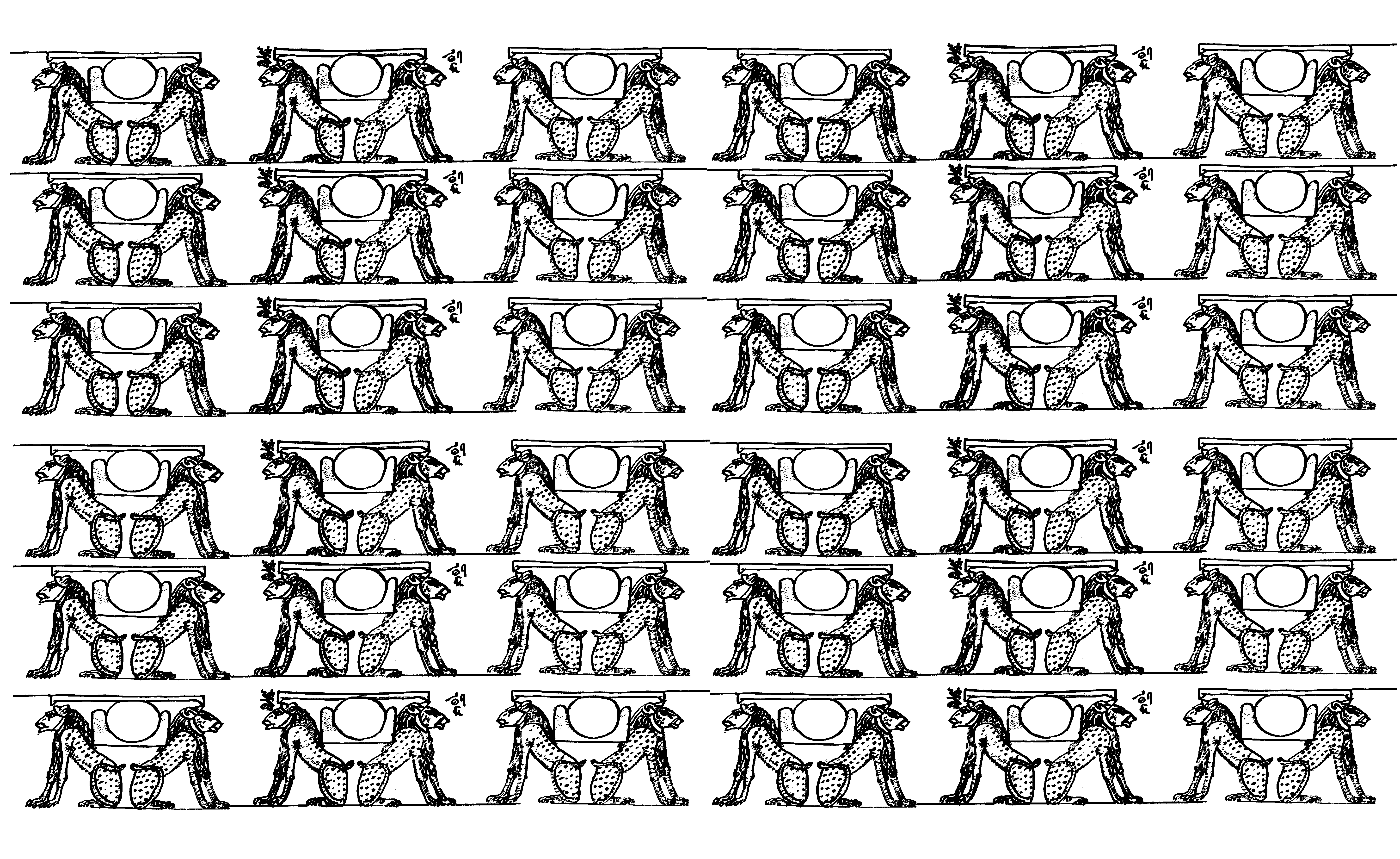 Coloriage pour adulte : Mosaïque composée du même dessin inspiré de l'Ancienne Egypte : 2 lions dos à dos