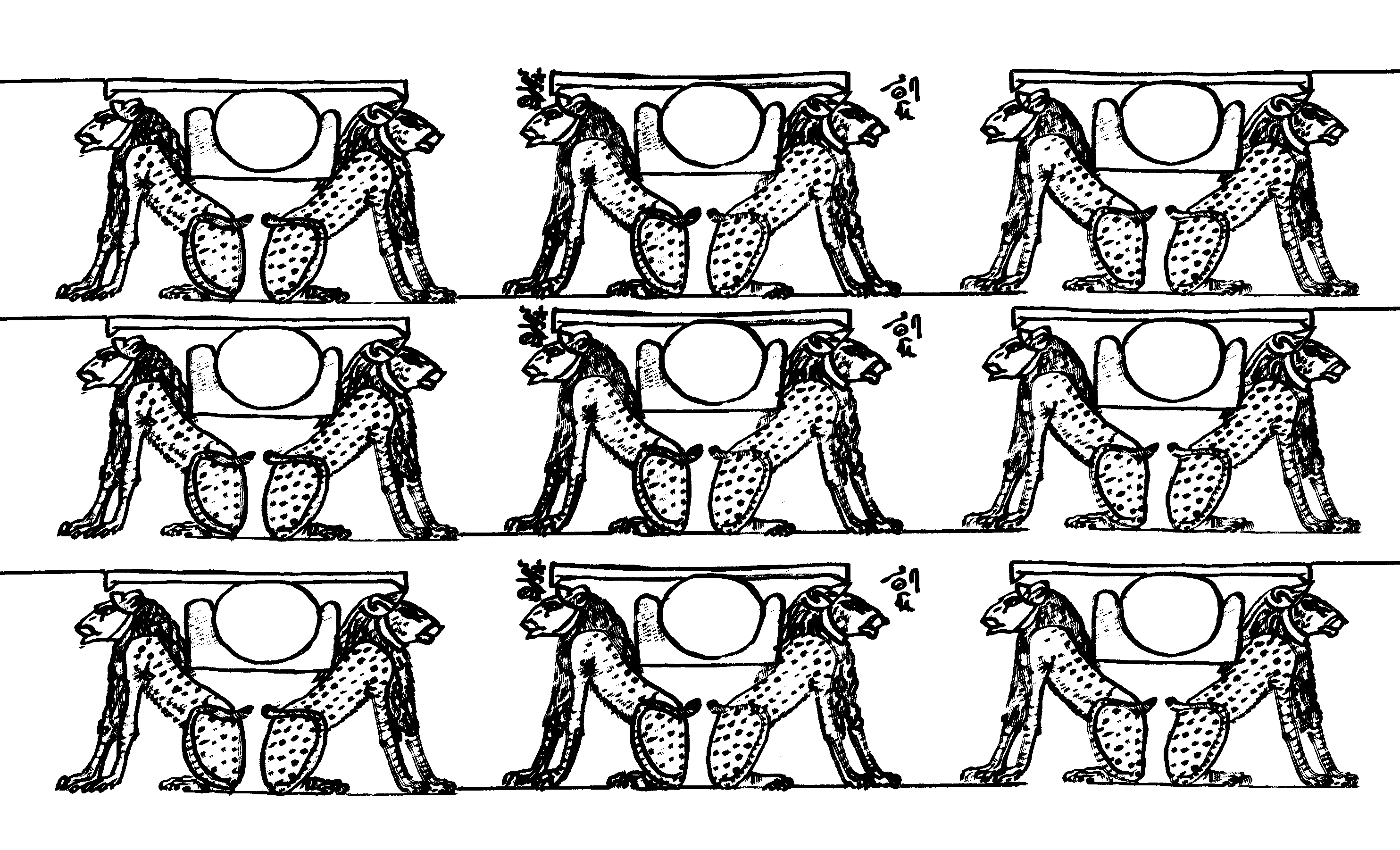 Motifs égyptiens répétés de lions, à colorier