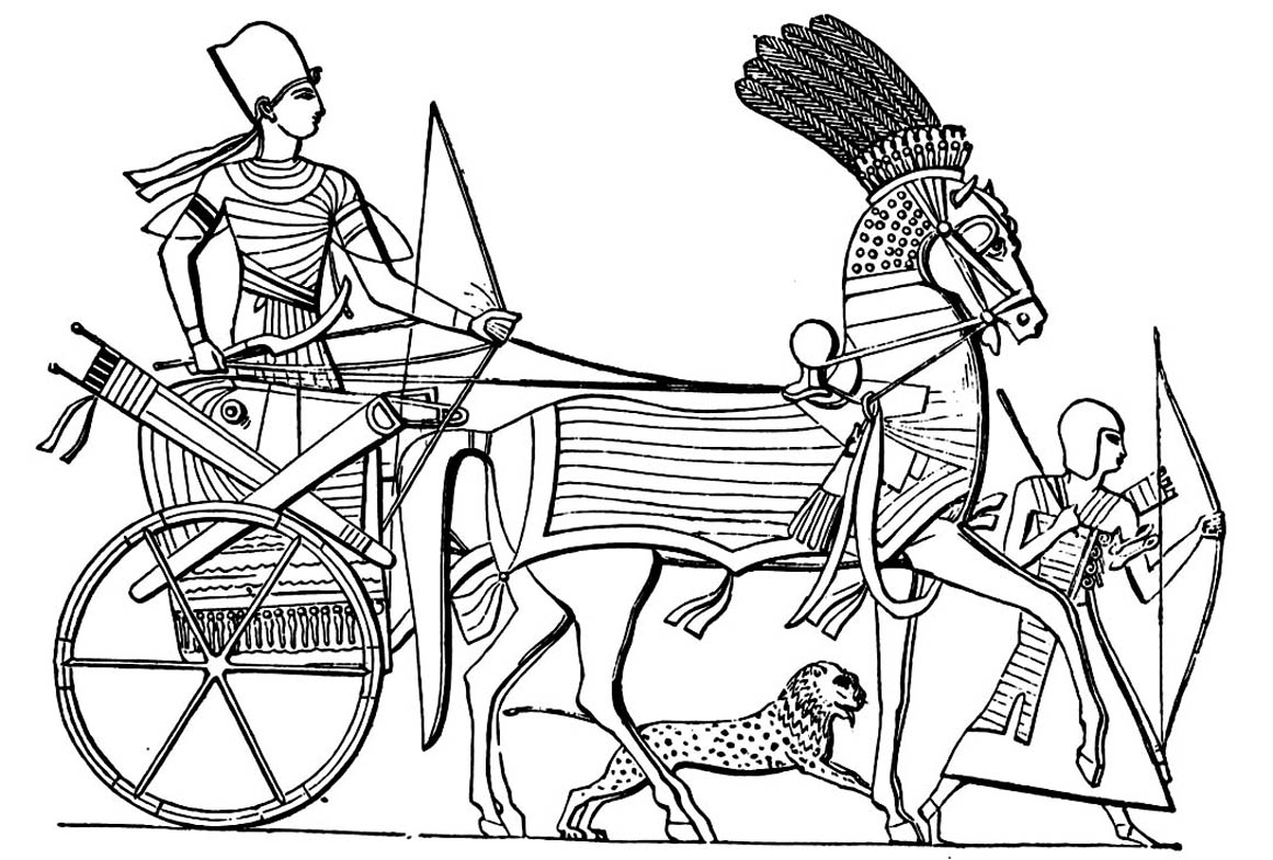 Coloriage pour adulte d'un Char égyptien transportant un Pharaon, avec un garde armé d'un arc