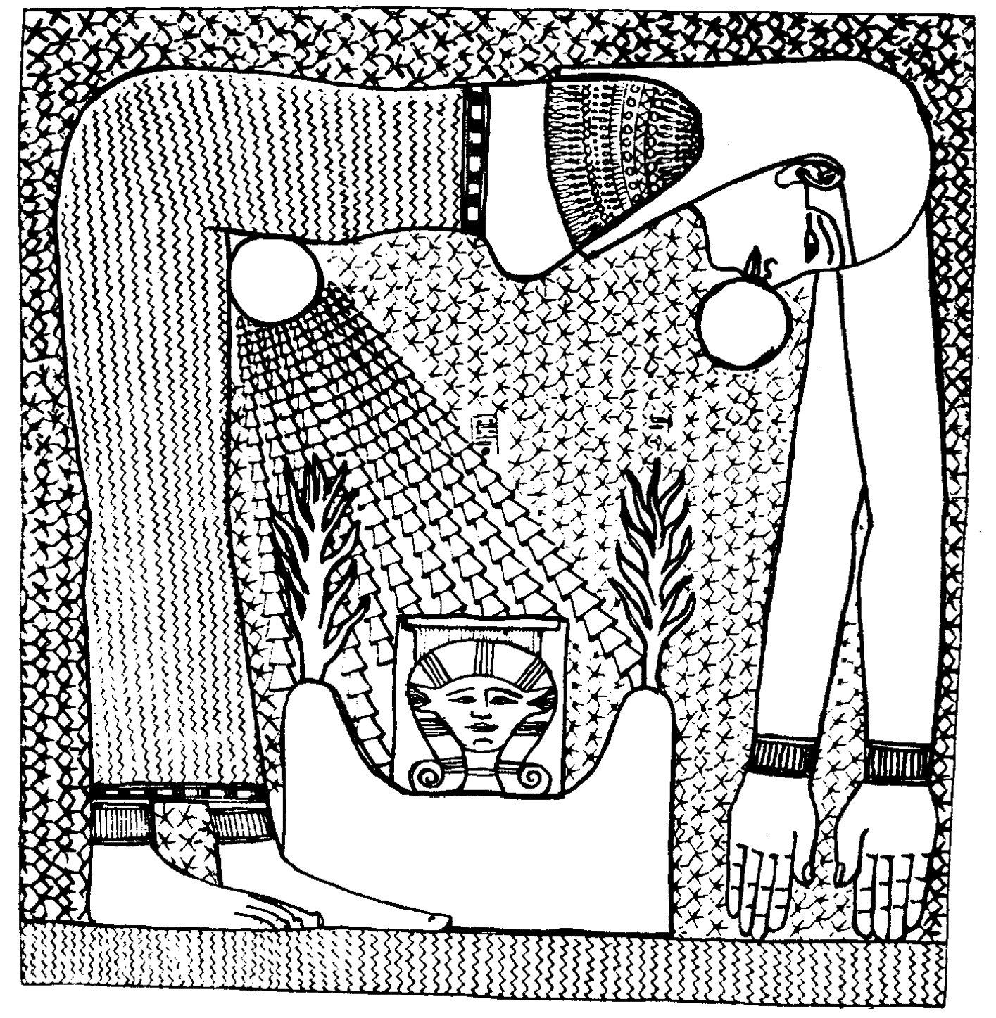 Ancien dessin Egyptien assez énigmatique nombreux détails   colorier