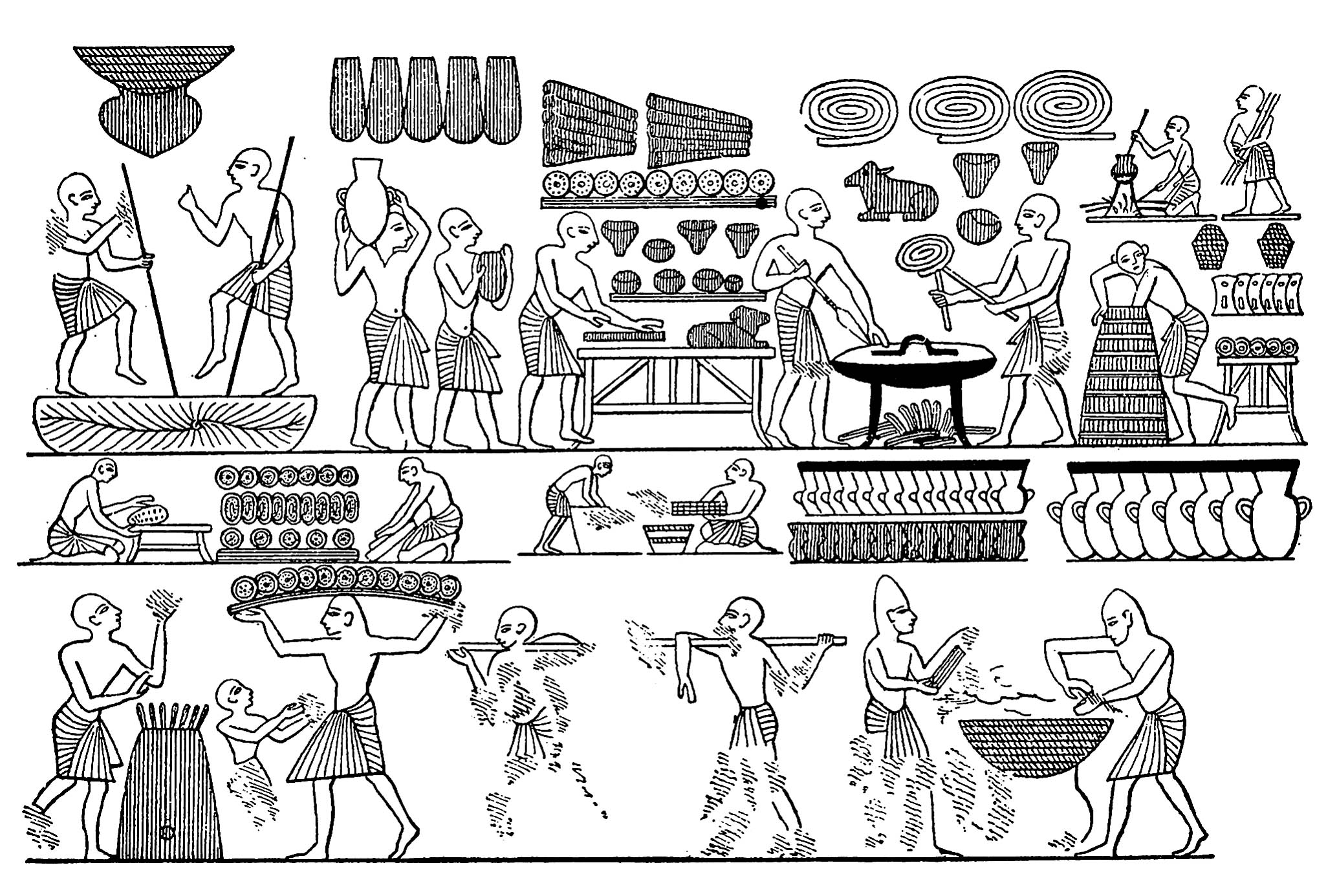 Dessin égyptien sur le thème de la cuisine, avec nombreux personnages en train de préparer du pain et autres mets d'époque. Un Coloriage très riche en détails