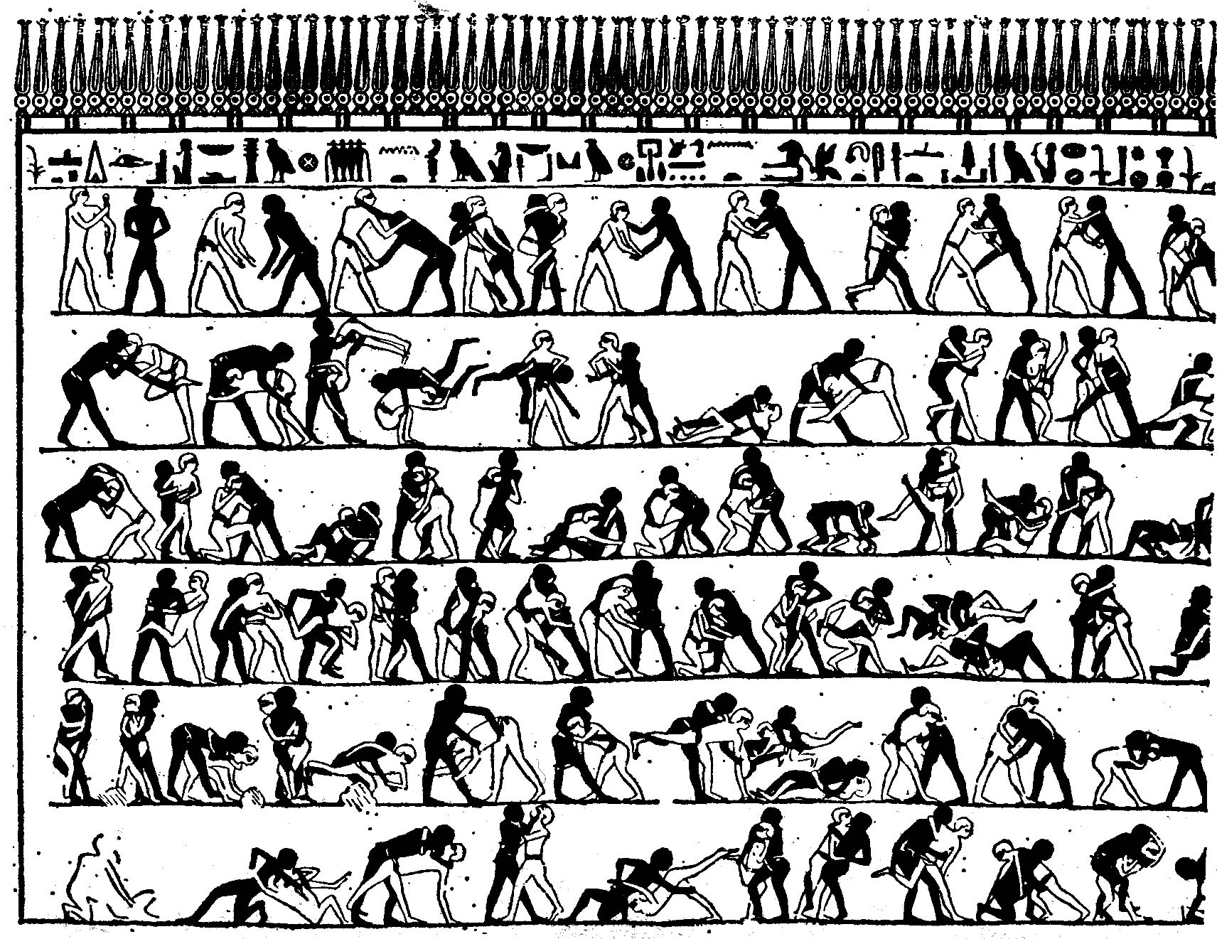 Représentation égyptienne de scènes de lutte, avec nombreux personnages à colorier