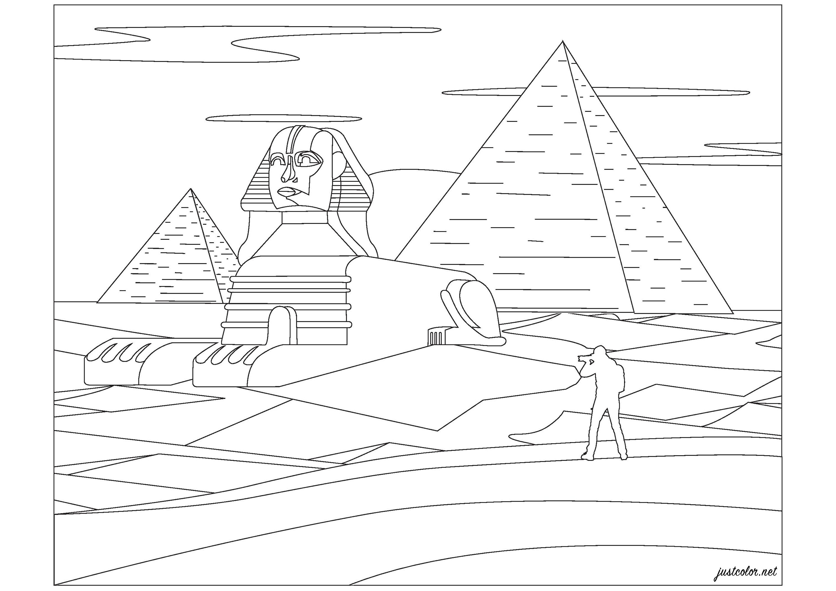 Pyramides de Gizeh et Sphinx, en Egypte. La grande pyramide de Gizeh a été construite il y a près de 3 000 ans avant notre ère par le pharaon Khéops. Concernant le Sphynx, ses mesures sont impressionnantes : 73,5 mètres de longueur, 14 mètres de largeur et 20,22 mètres de hauteur, Artiste : Pierre C