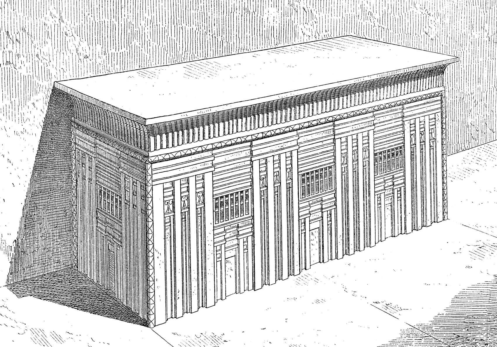 Gravure très détaillée et de très bonne qualité d'un tombeau égyptien, renfermant certainement un sarcophage et de nombreux trésors