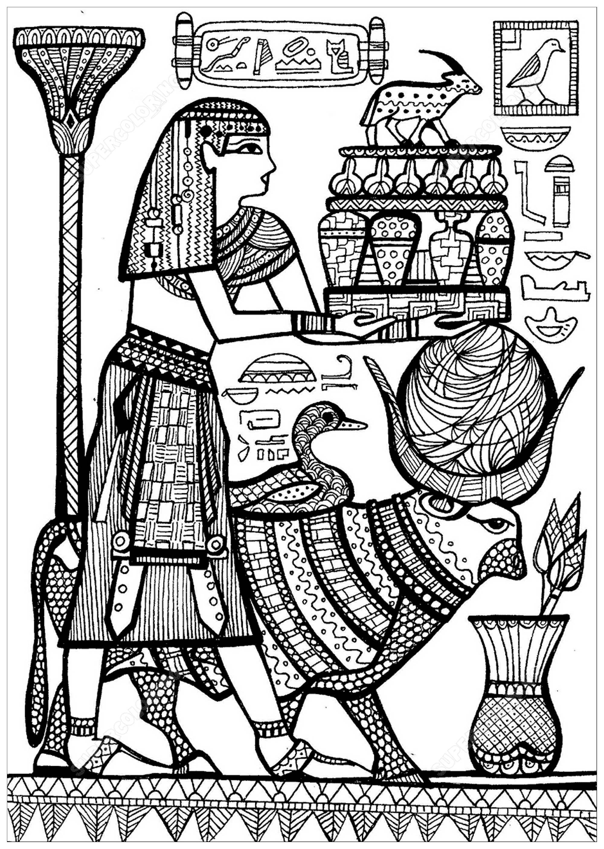 Prêtre et animaux sacrés de l'Ancienne Egypte, Artiste : Krivosheeva Olga (Ori Akuma)   Source : Supercoloring