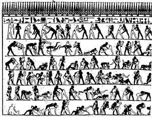 Représentation égyptienne de scènes de lutte, avec nombreux personnages à colorier (Coloriage d'Egypte)