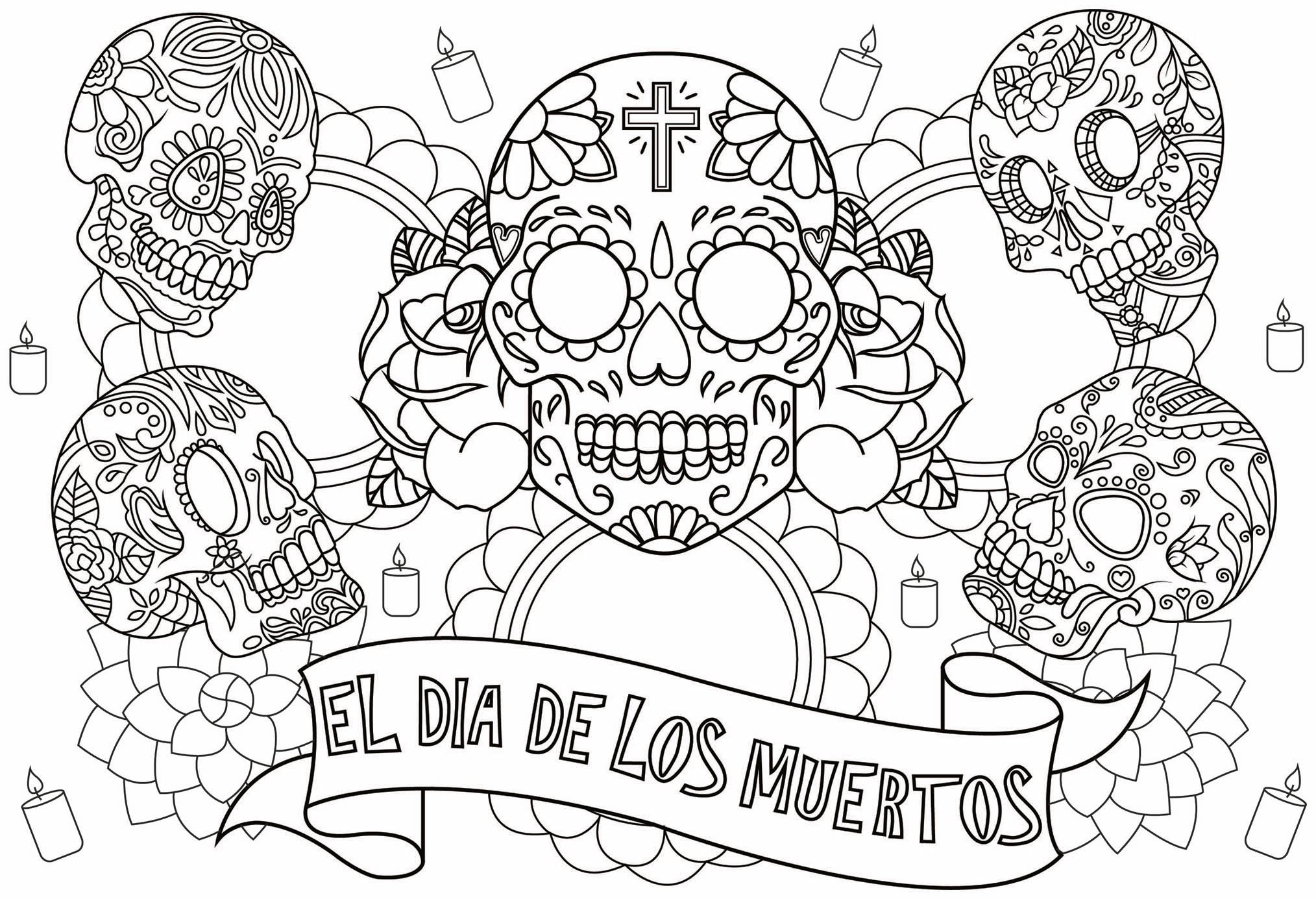 Coloriage pour célébrer 'El Día de los muertos' la célèbre fête mexicaine, avec cinq crânes, Artiste : Lucie