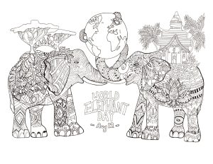 Coloriage de Éléphants à imprimer pour adultes : La journée mondiale des éléphants