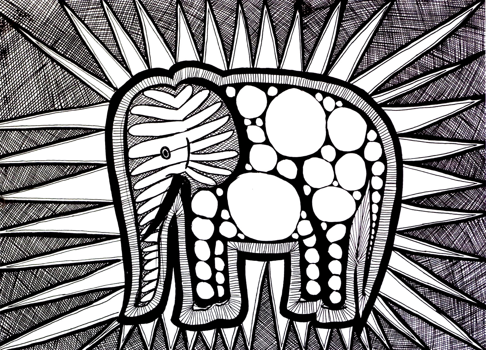 Coloriage adulte difficile d'un éléphant, composé de nombreuses formes et motifs diversifiés. Beaucoup de zones à colorier, avec feutres fins de préférence !