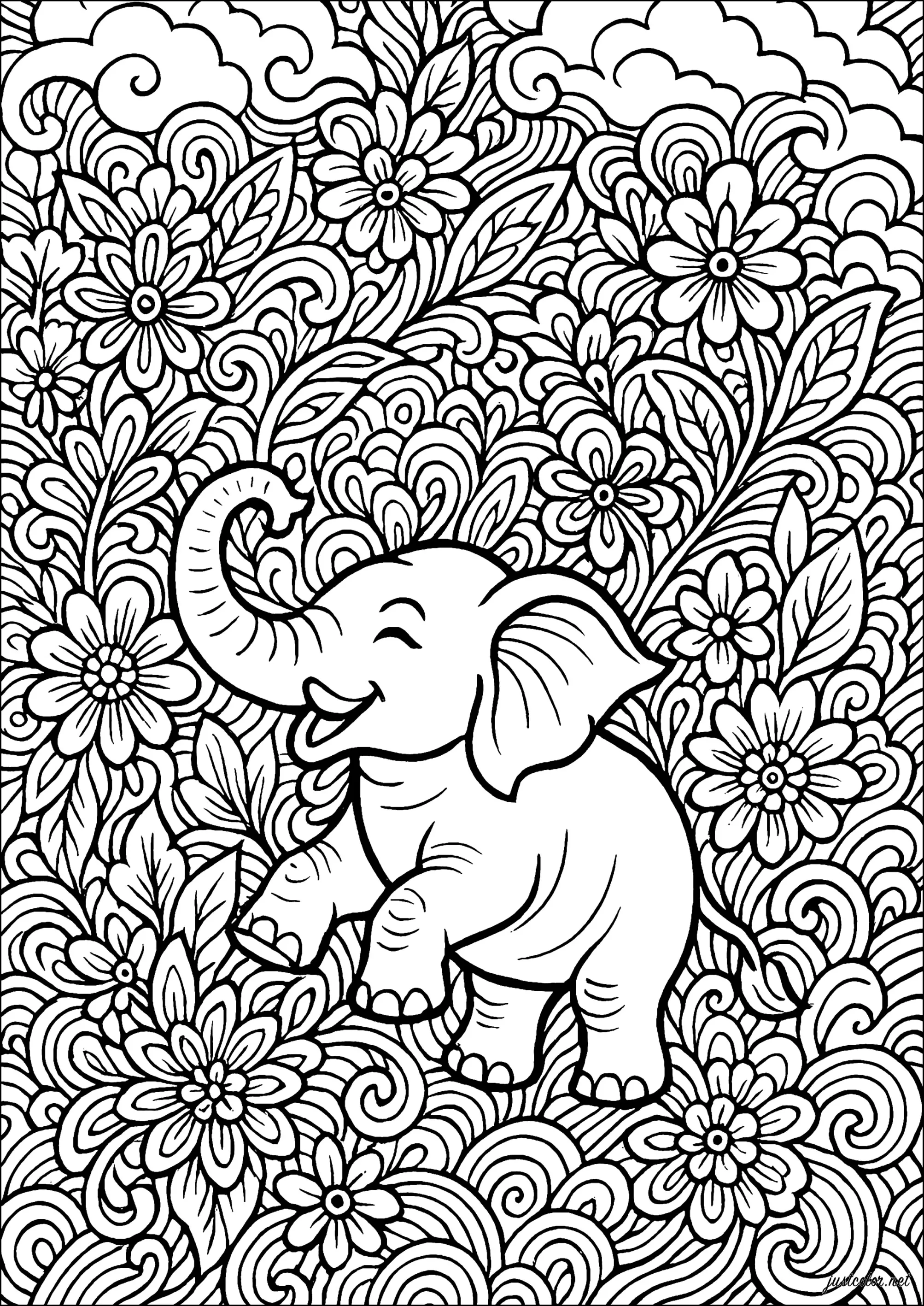 Petit éléphant dans un tourbillon floral (Coloriage de Éléphants à imprimer pour adultes)