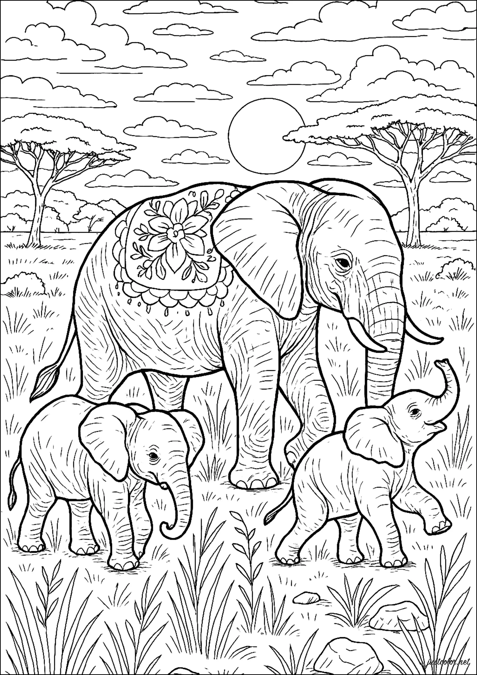 Famille d'Éléphants au Coucher de Soleil (Coloriage de Éléphants à imprimer pour adultes)