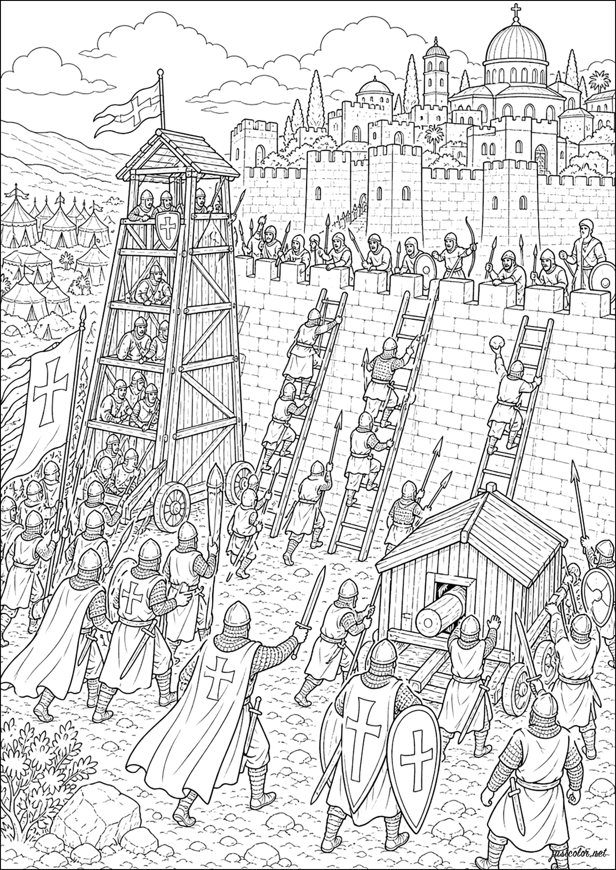 Siège de Jérusalem par les croisés (1099, XIe siècle) (Coloriage de Événements historiques à imprimer pour adultes)
