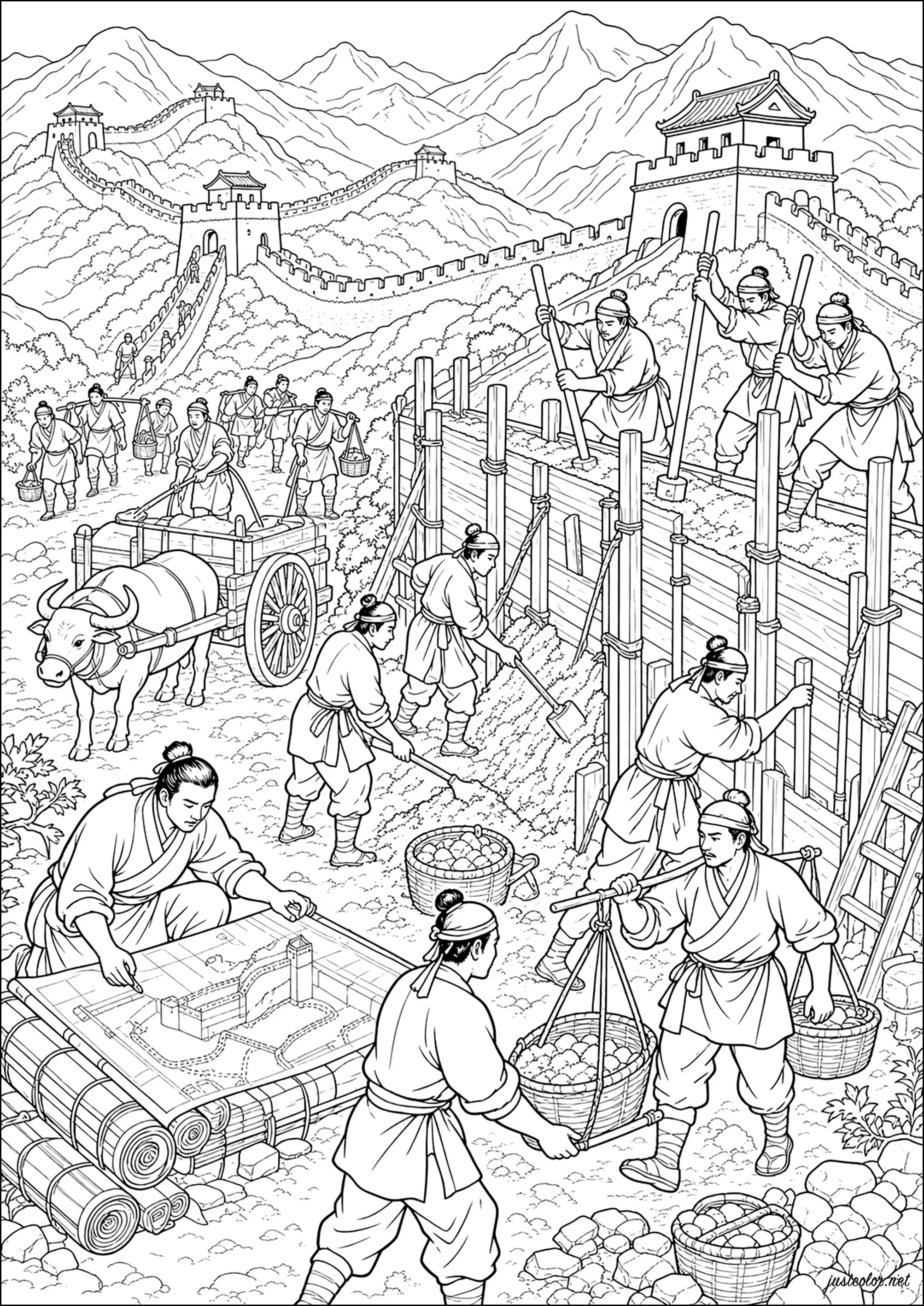 Bâtisseurs de la Grande Muraille de Chine (dynastie Ming, XIVe-XVIIe siècle) (Coloriage de Événements historiques à imprimer pour adultes)
