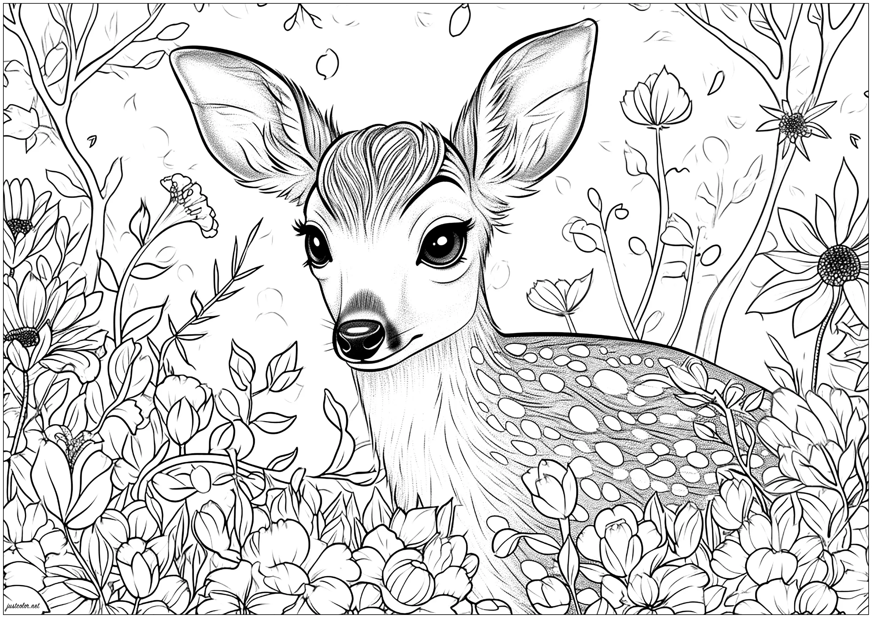 Petit faon au milieu d'une belle végétation (Coloriage à imprimer pour adultes)