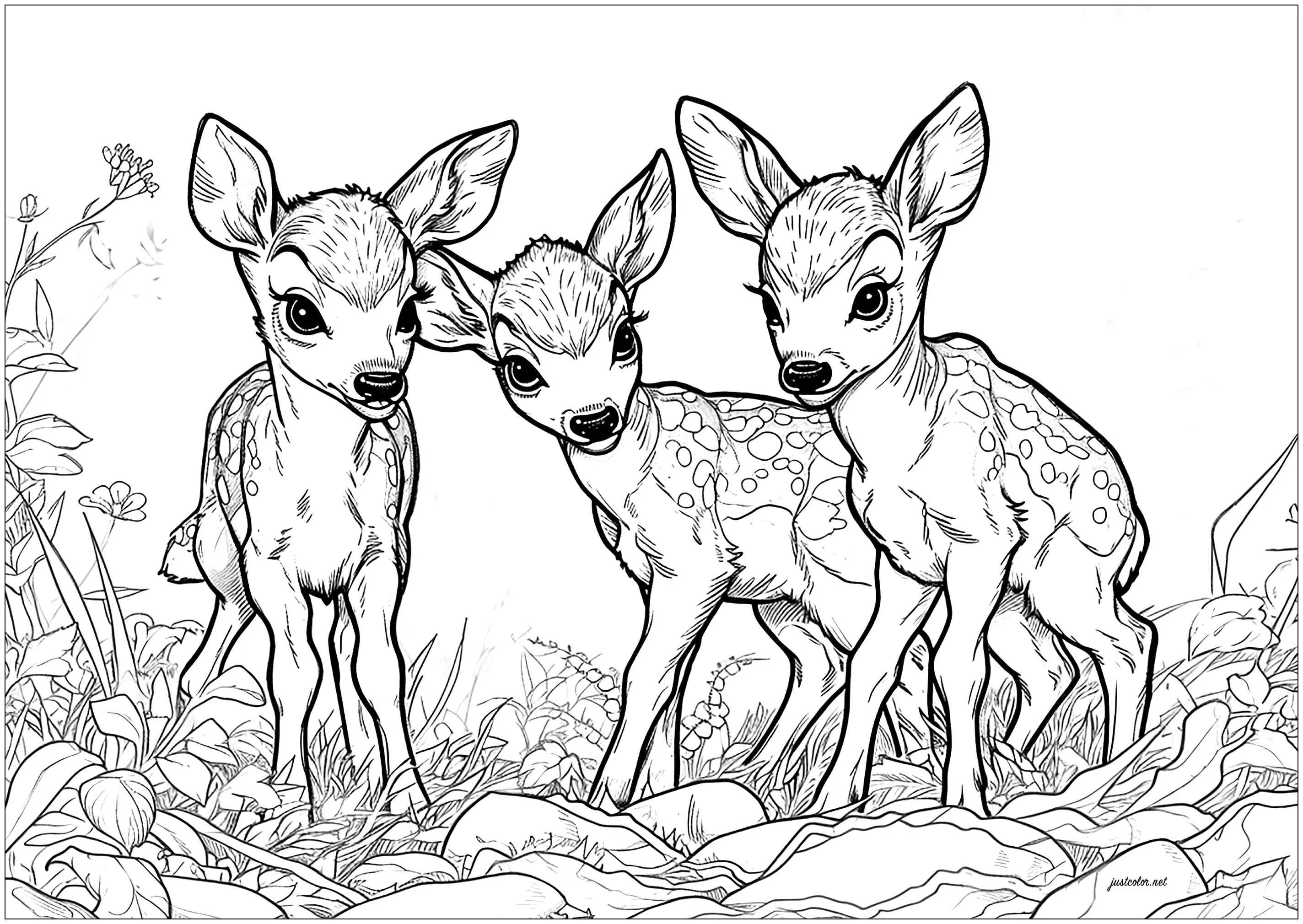 Trois jeunes faons (Coloriage à imprimer pour adultes)