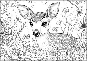 Petit faon au milieu d'une belle végétation (Coloriage)