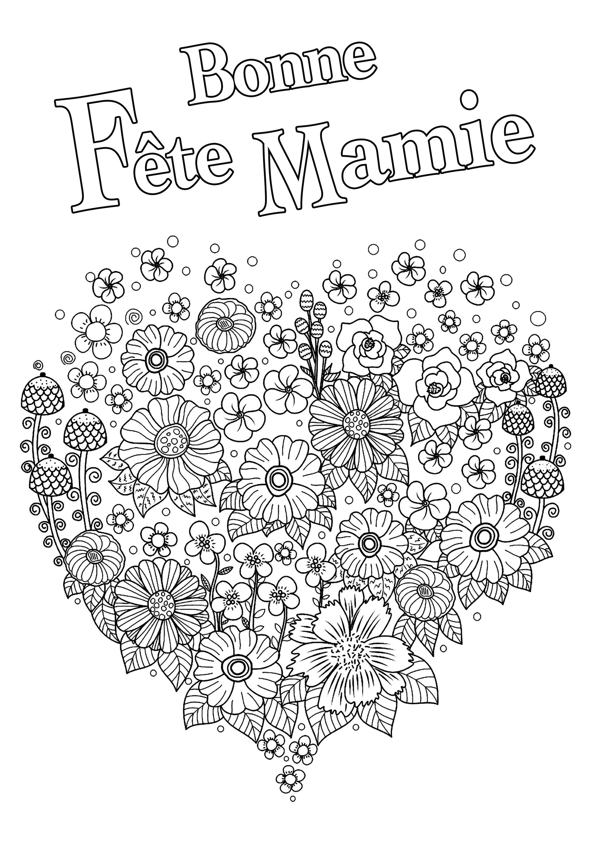 Bonne Fête Mamie : Coloriage avec coeur plein de fleurs