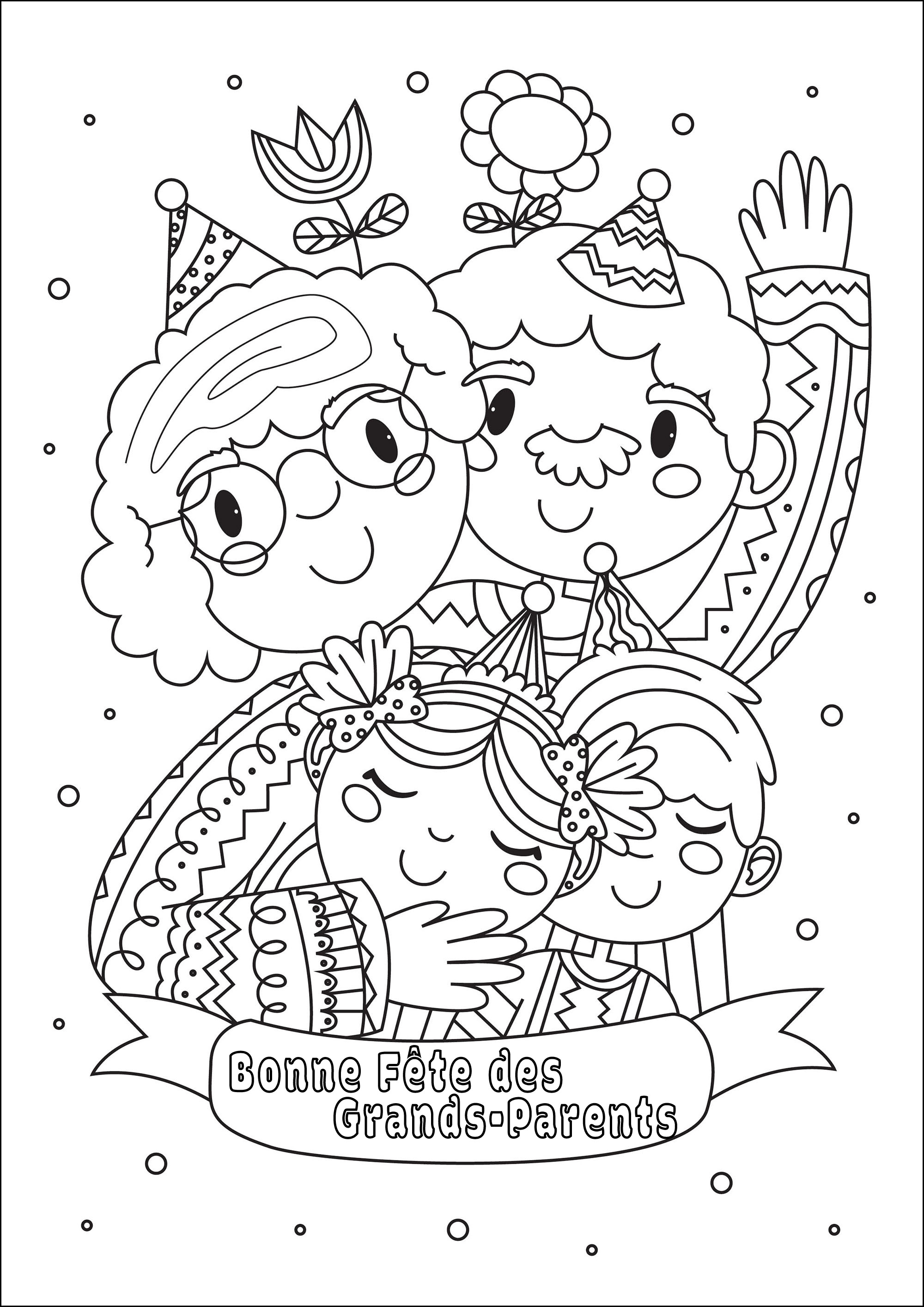 Coloriage pour la Fête des Grands-Parents. Un beau coloriage avec deux enfants, leur grand-père et leur grand-mère, Artiste : Gaelle Picard