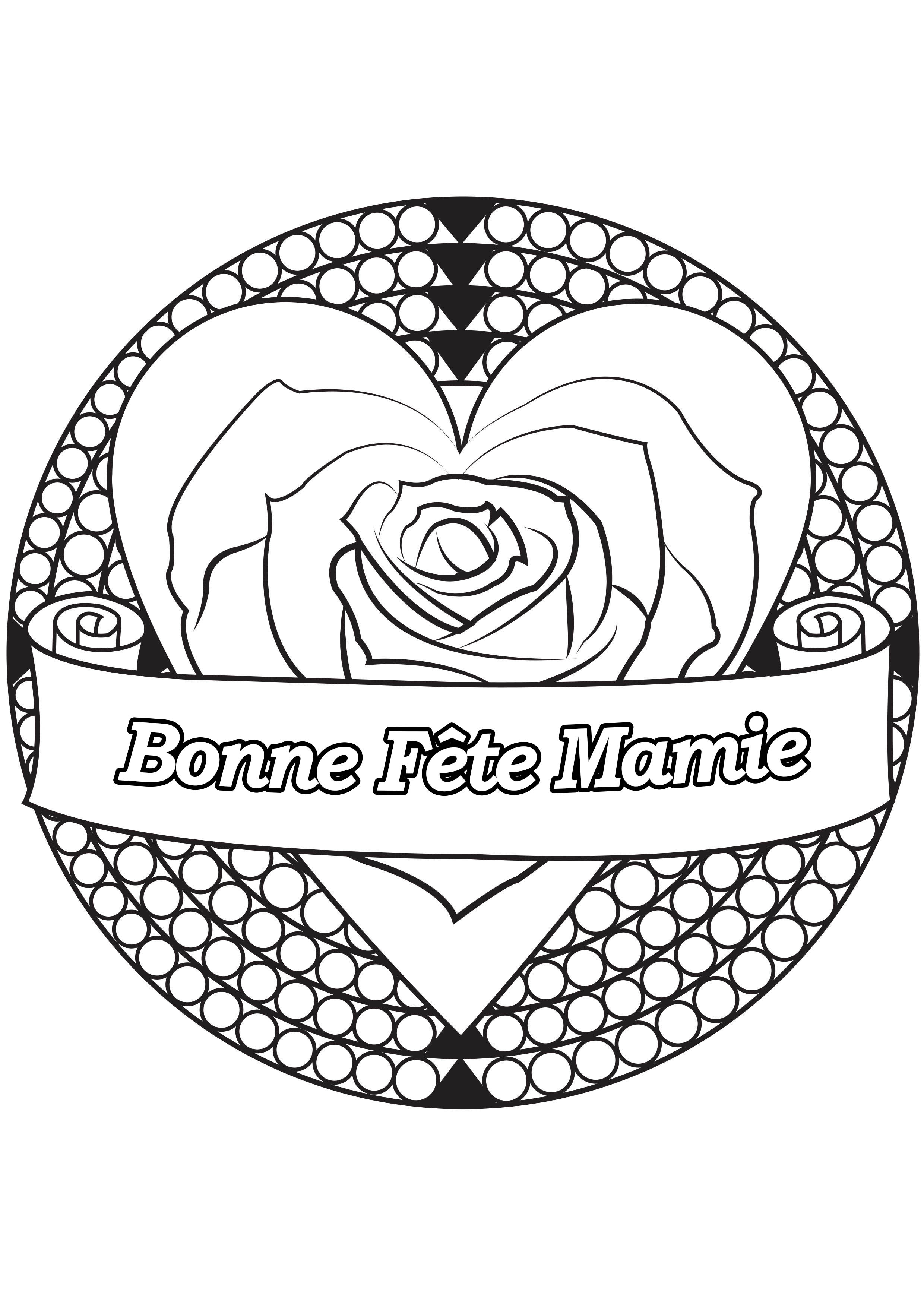 Coloriage spécial Fête des pères : Coeur & rose - Bonne fête Mamie