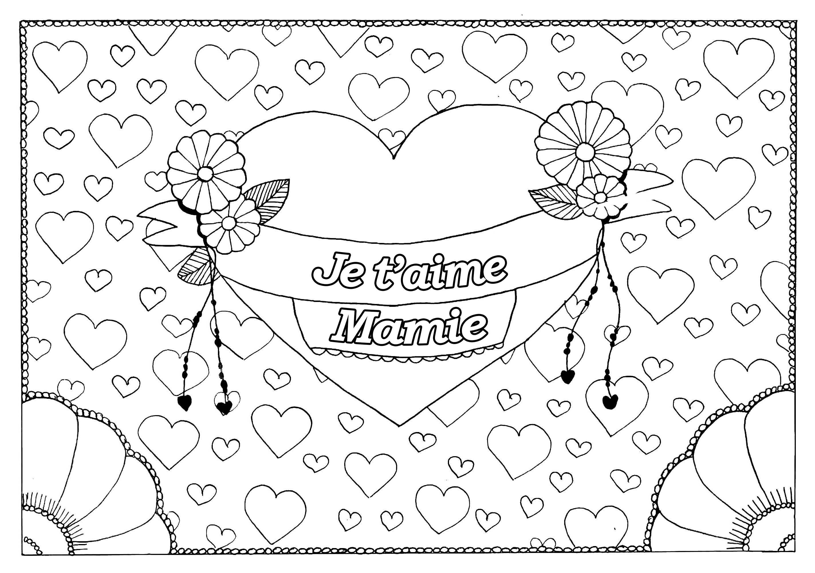 Coloriage spécial Fête des pères : Gros coeur et petits coeurs - Je t'aime Mamie, Artiste : Pauline