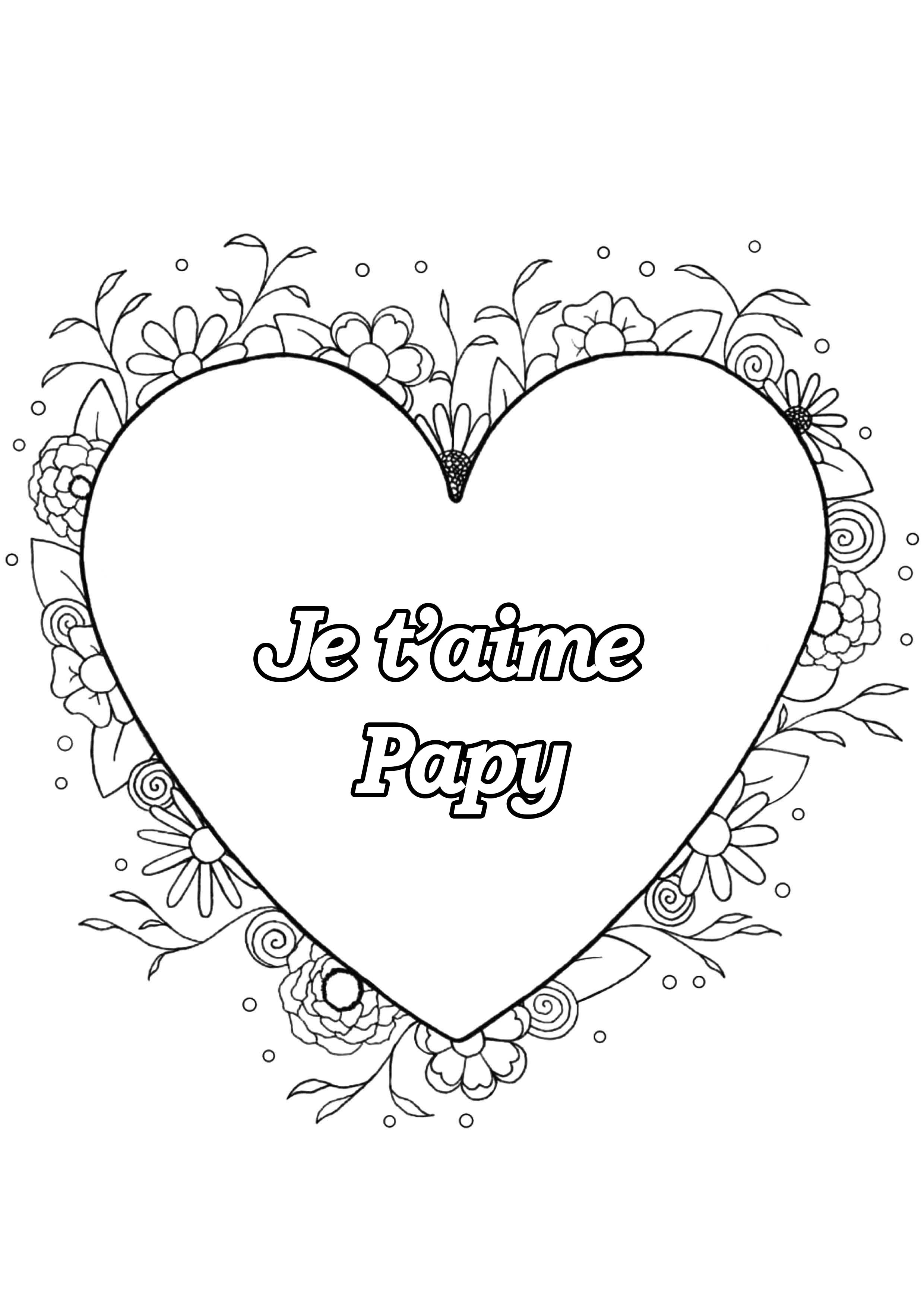 Coloriage spécial Fête des pères : Coeur & fleurs - Je t'aime Papy, Artiste : Louise