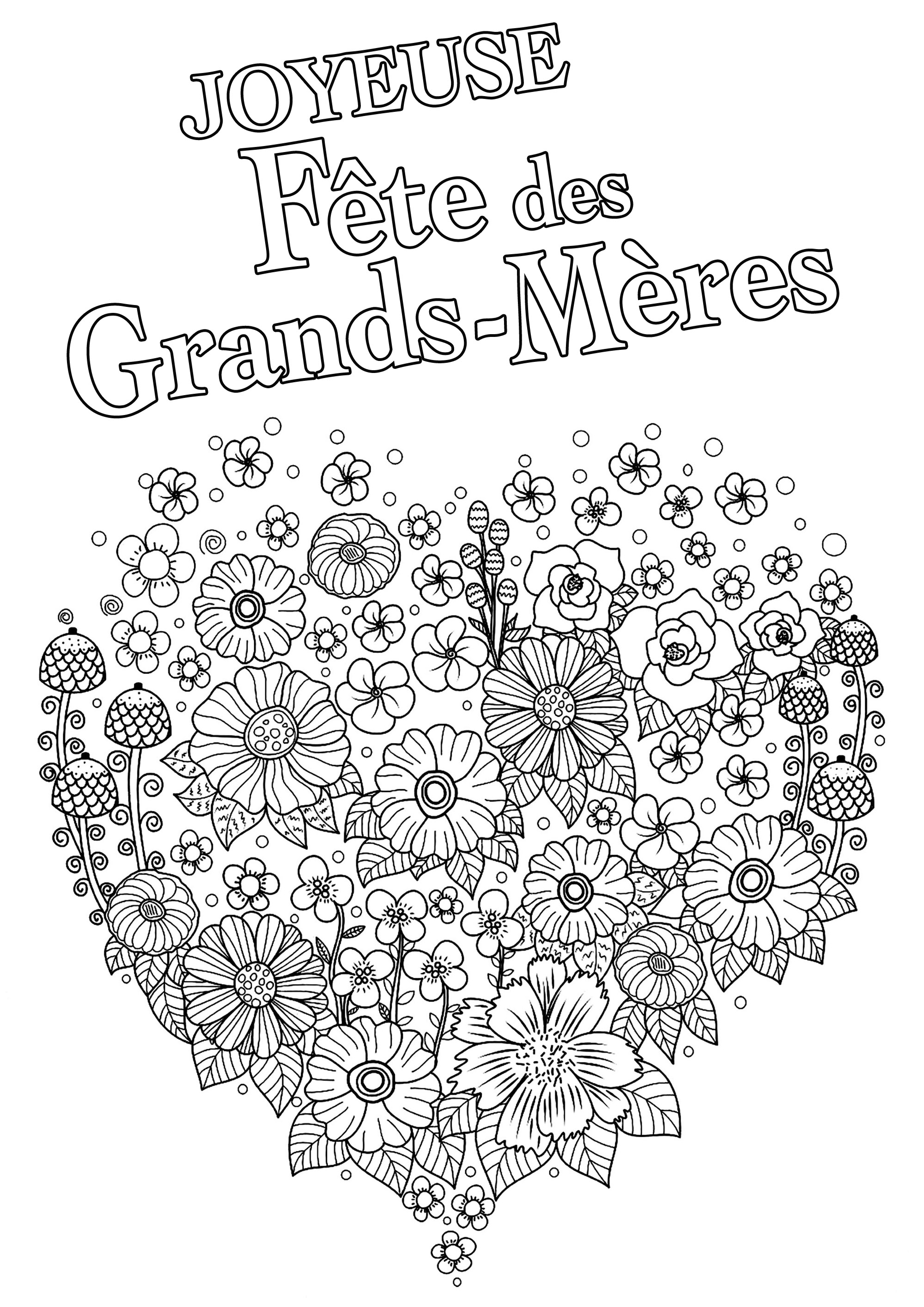 Coloriage Fête des Grands-Mères : Joli coeur plein de fleurs