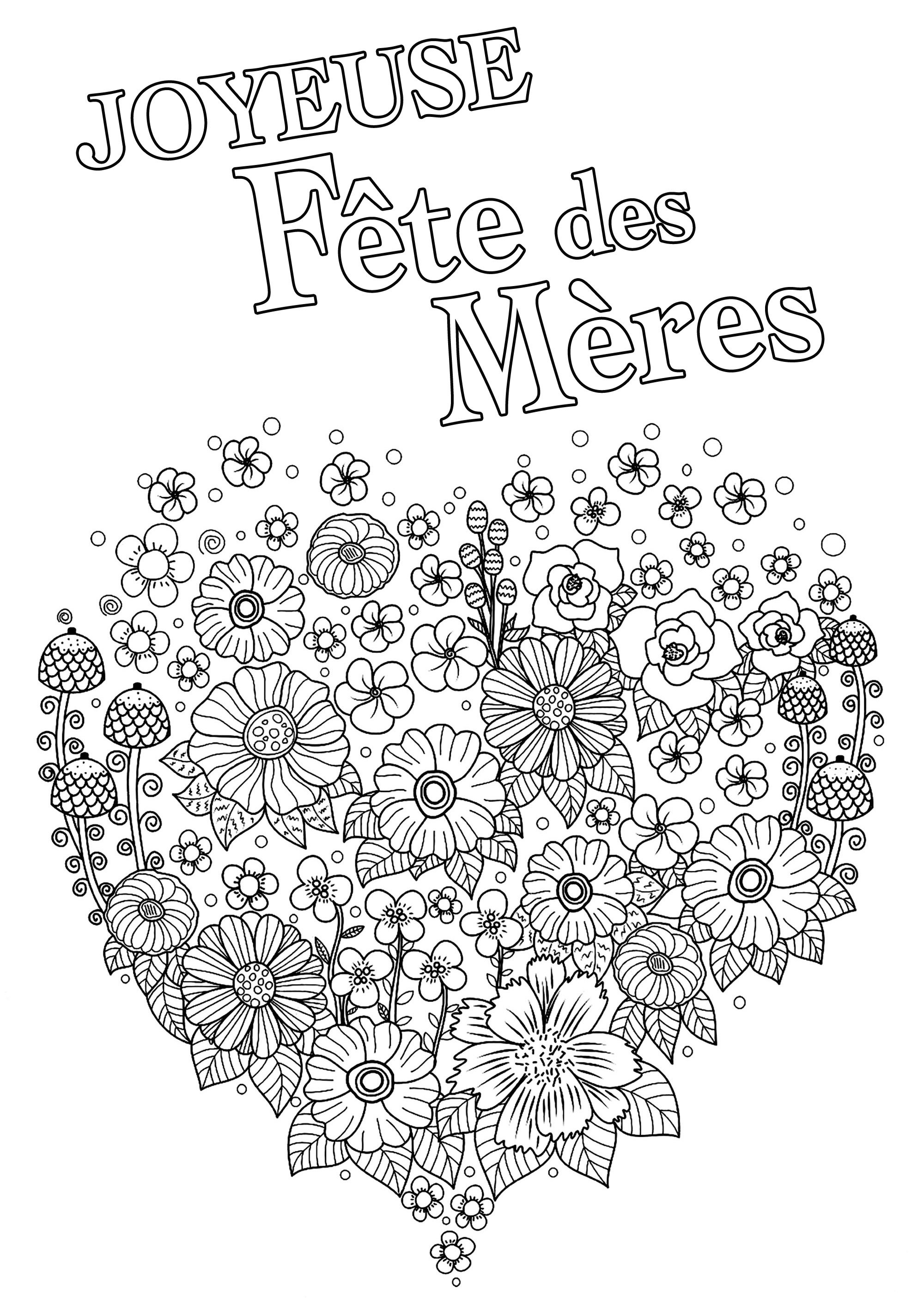 Coloriage fête des mères : Joli coeur plein de fleurs