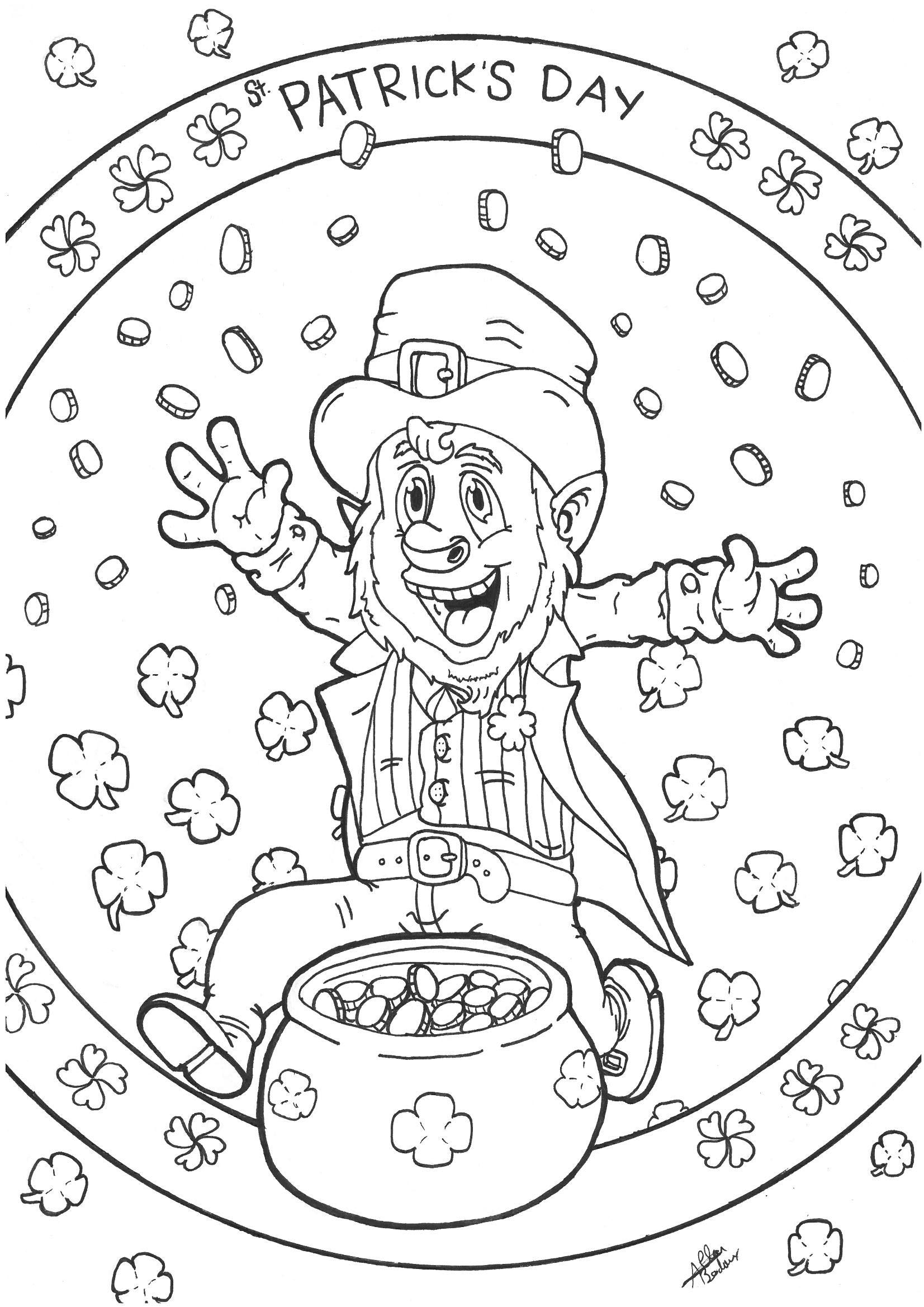 Coloriage d'un Leprechaun célébrant la Saint Patrick's Day avec son chaudron rempli de pièces d'or