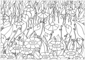 Coloriage adulte elanise art fleurs montantes descendantes