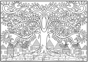 Coloriage de Fleurs et végétation à imprimer pour adultes : Arbre au sommet d'une colline