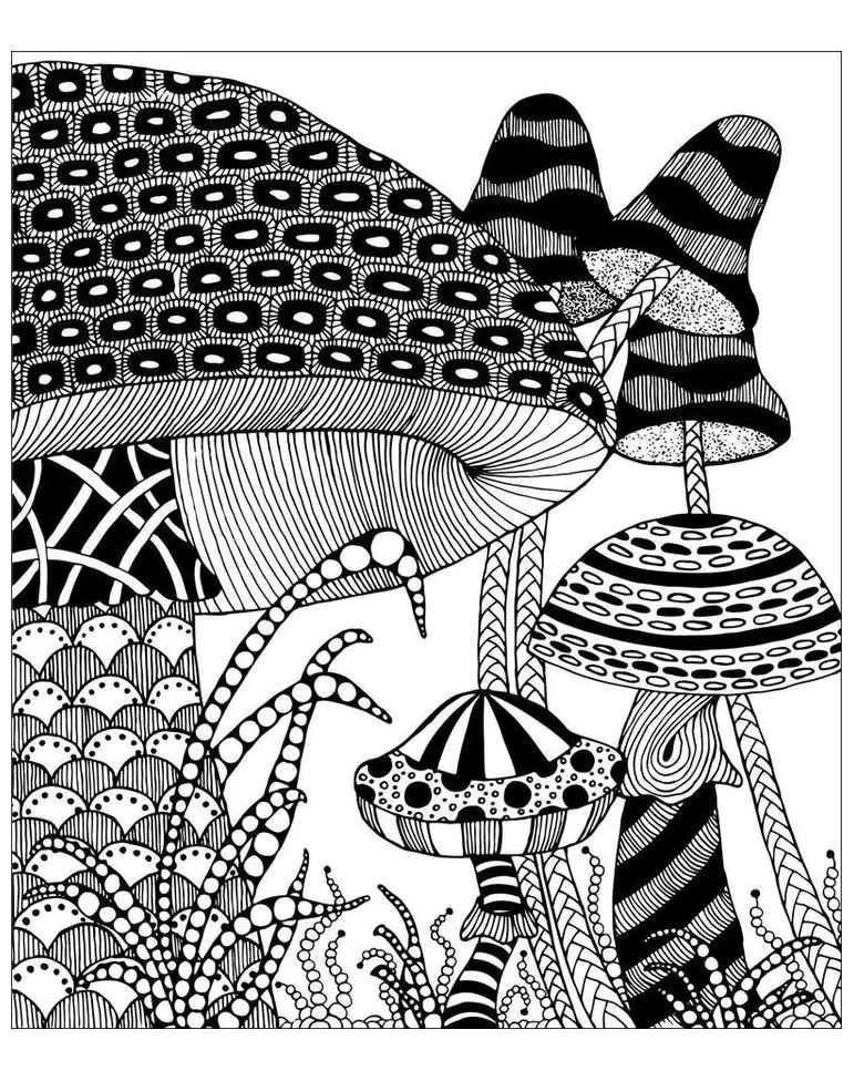 Champignons fantastiques (Coloriage de Fleurs et végétation à imprimer pour adultes)