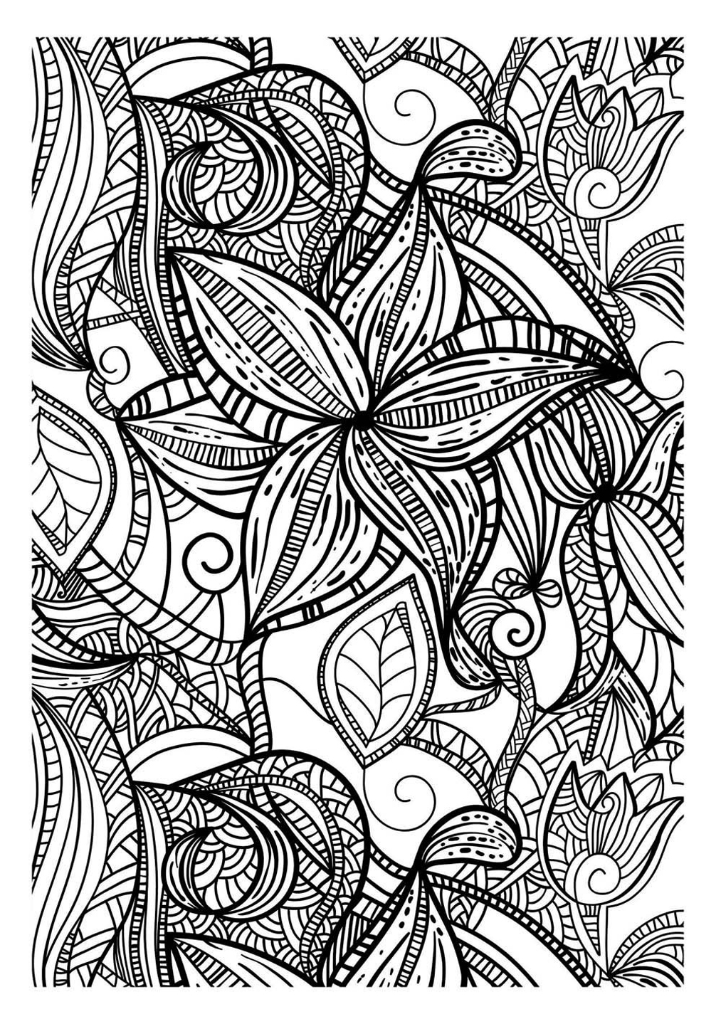 Un dessin aux traits épais de diverses feuilles, gratuit, coloriage adulte à imprimer et colorier