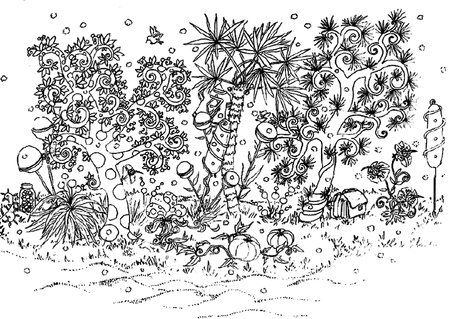 Joli jardin aux essences exotiques, voir surréalistes (Coloriage de valentin à imprimer pour adultes)