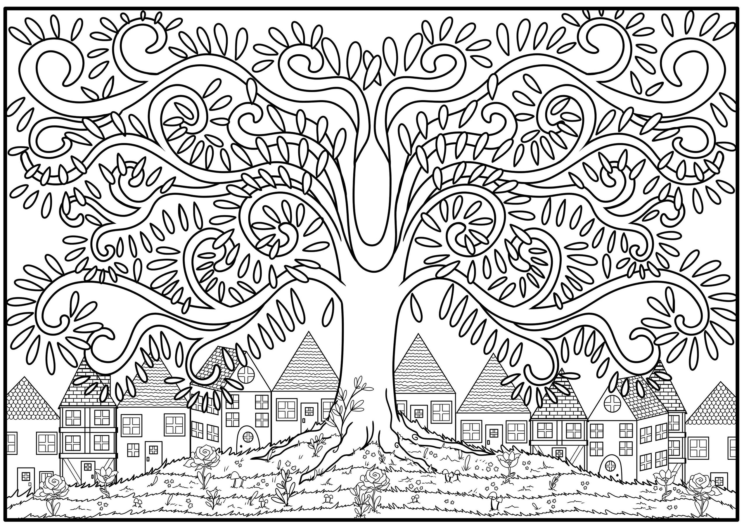 Coloriage d'un arbre aux branches en arabesques, sur le haut d'une colline fleurie avec des maisons en arrières-plan, Artiste : Océane D