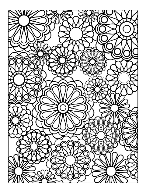 Fleurs très régulières, de différentes tailles, pour un coloriage assez simple mais relaxant