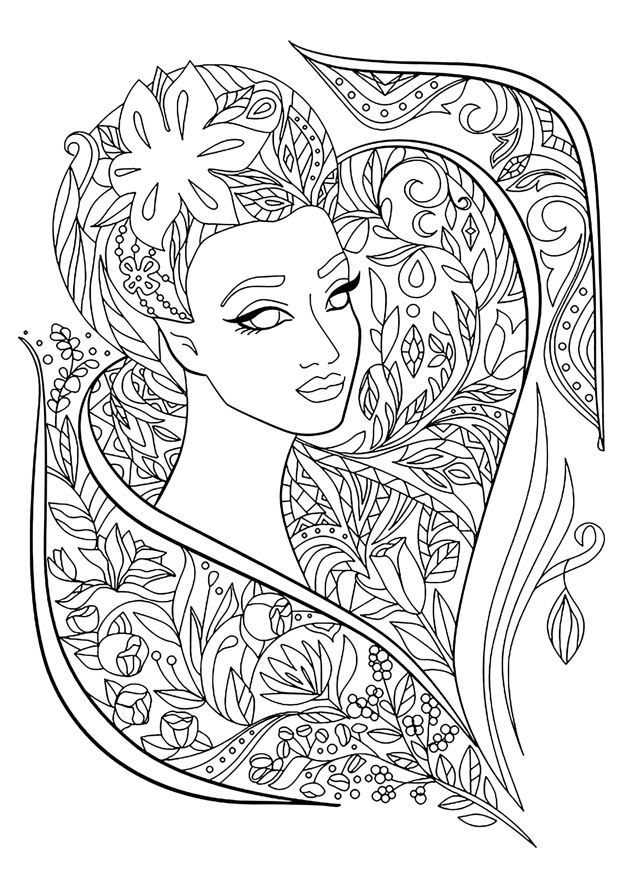 Magnifique coloriage avec le visage d'une femme entouré de fleurs et de feuilles