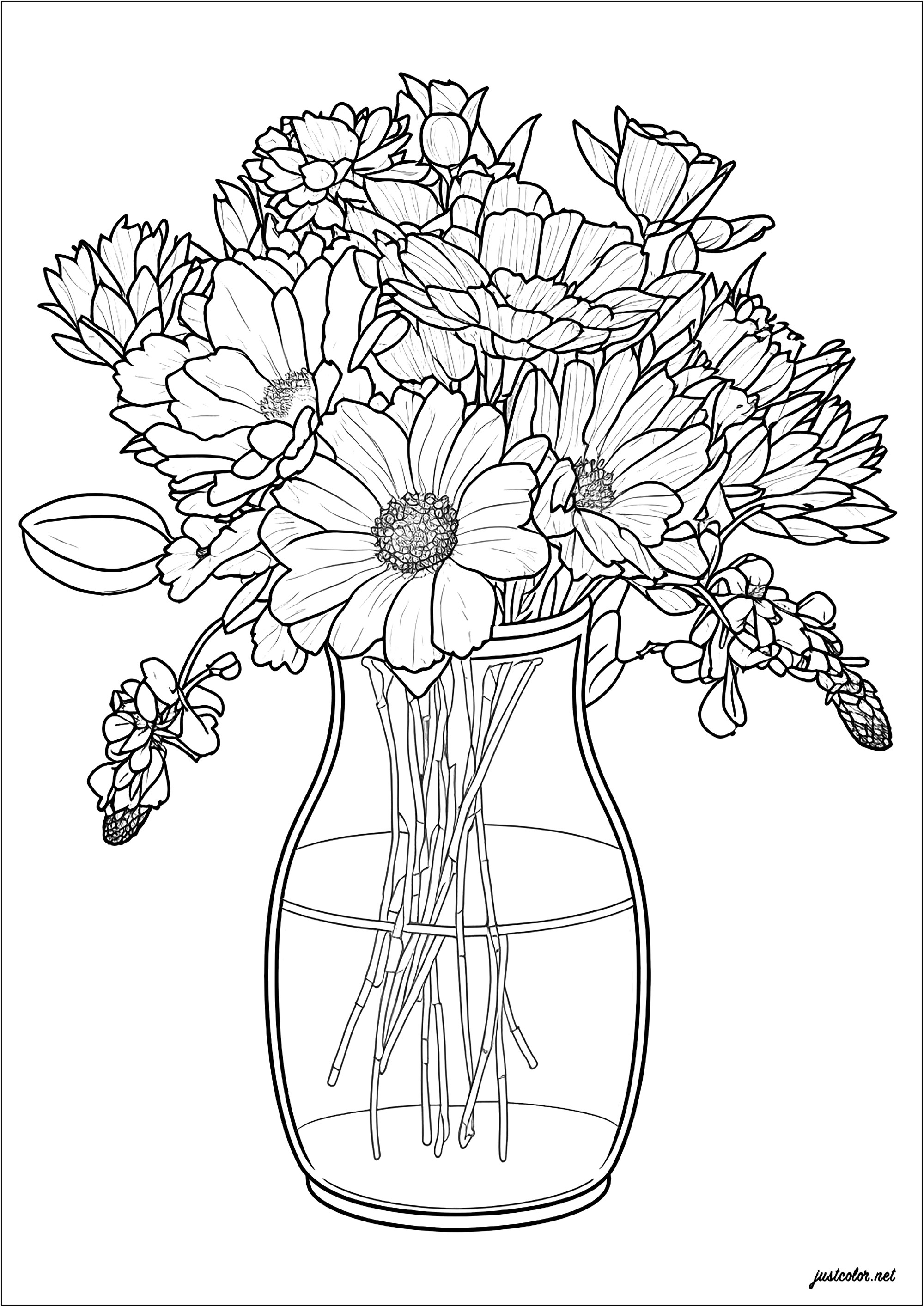 Vase et fleurs délicates. Un joli dessin aux traits fins, représentant de belles fleurs réparties élégamment dans un vase en verre. Un excellent moyen de passer un agréable moment en créant quelque chose d'unique et de beau.