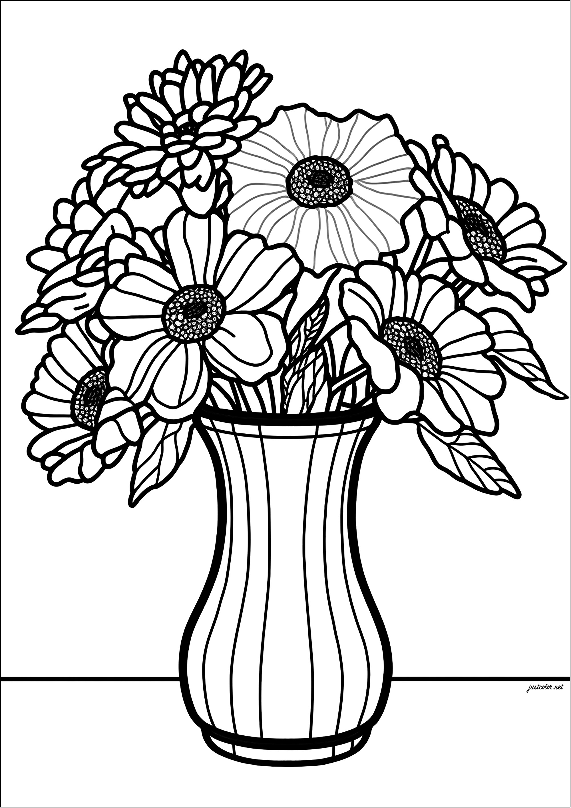 Fleurs aux traits épais, dans un beau vase. Avec vos couleurs, ce coloriage sera une vraie merveille pour les yeux. Il est parfait pour les enfants et les adultes qui veulent s'évader dans un monde de couleurs et de beauté.