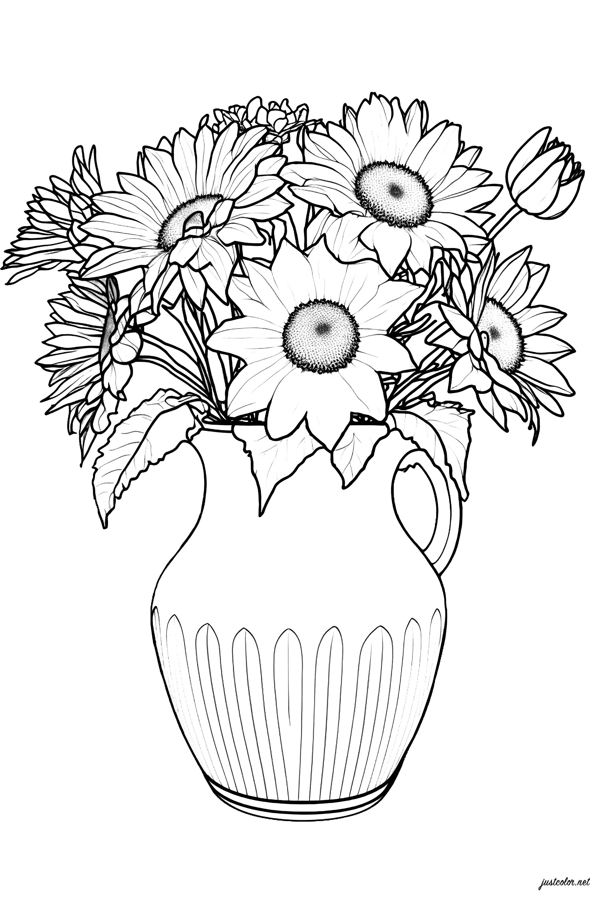 Belles fleurs dans un vase. Un coloriage absolument magnifique représentant un vase de forme classique, rempli de fleurs... à colorier de couleurs vives et variées.