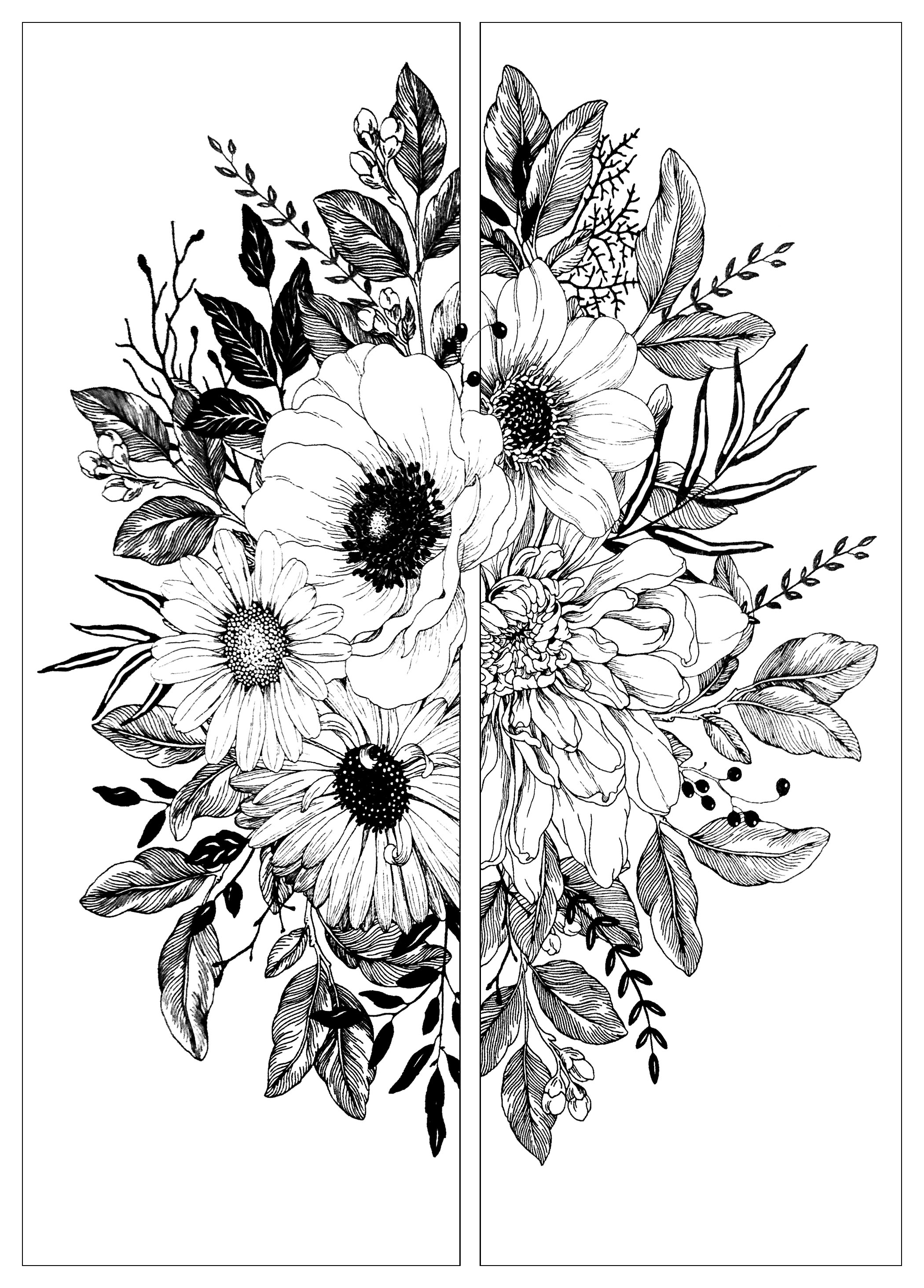 Bouquet De Fleurs En Deux Fleurs Et Vegetation Coloriages Difficiles Pour Adultes