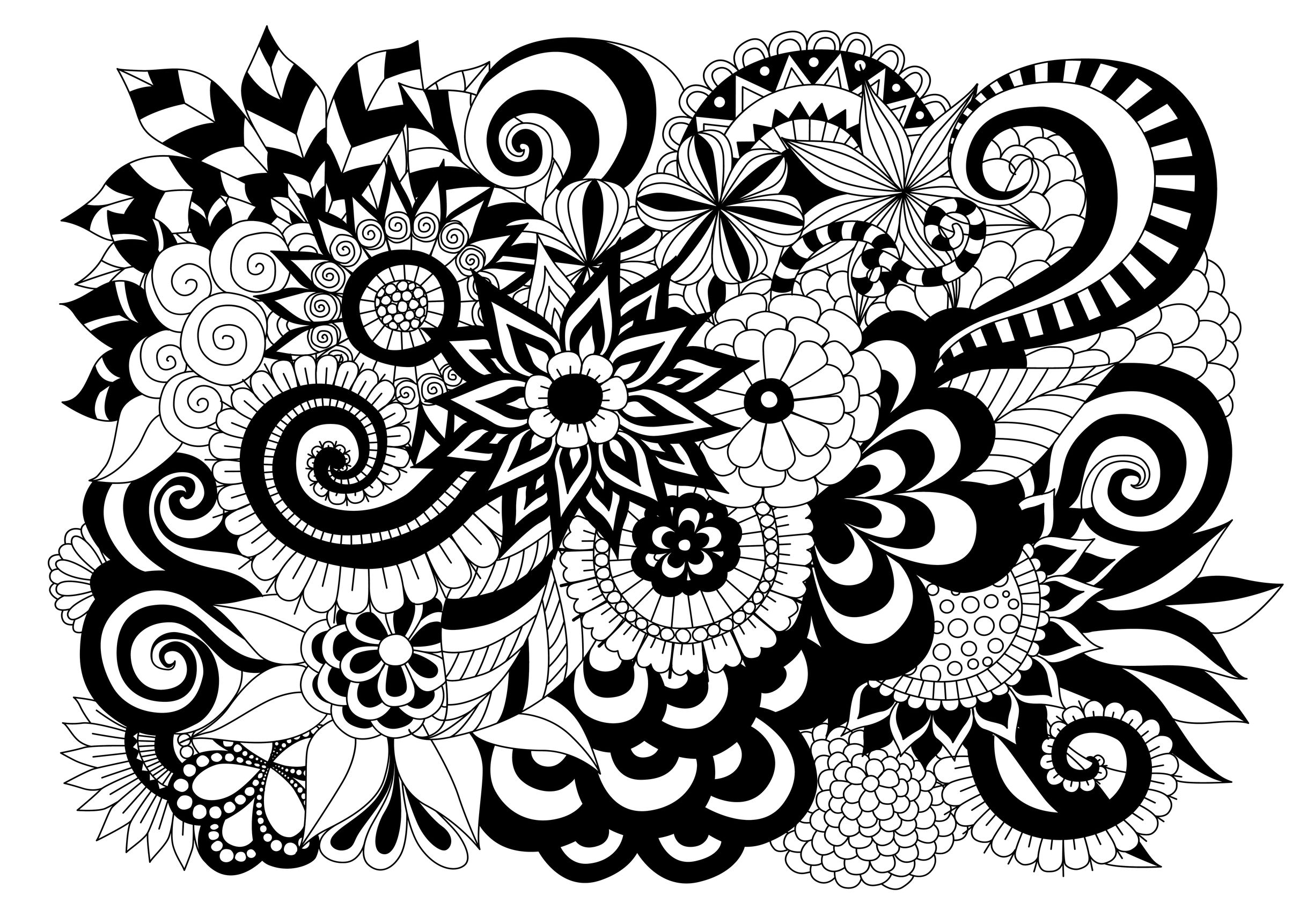 Magnifique coloriage adulte représentant des fleurs avec style très contrasté grâce à l'utilisation de zones déjà colorées en noir, Artiste : Bimdeedee   Source : 123rf