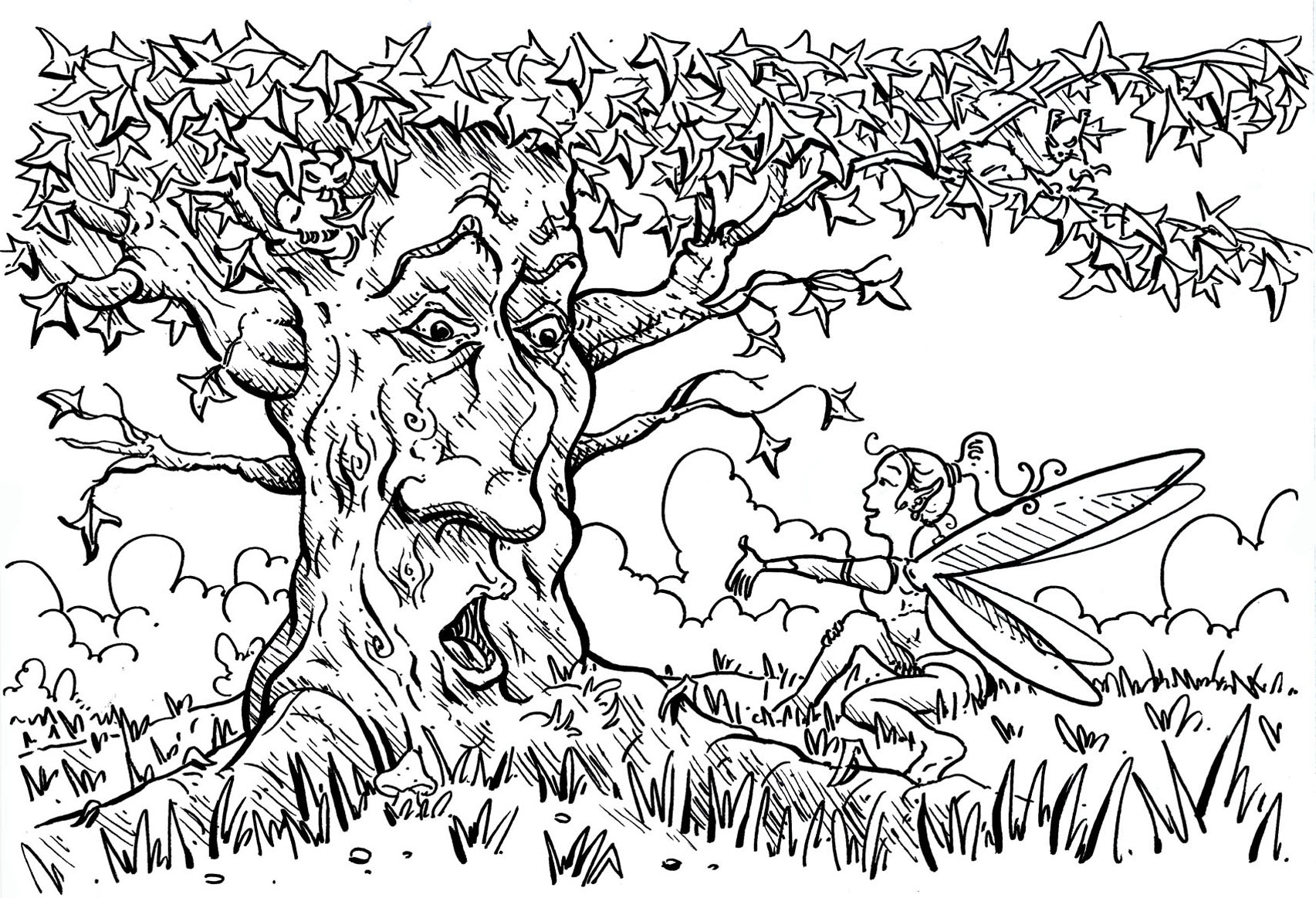 Magnifique dessin noir & blanc d un arbre parlant pour un coloriage plexe