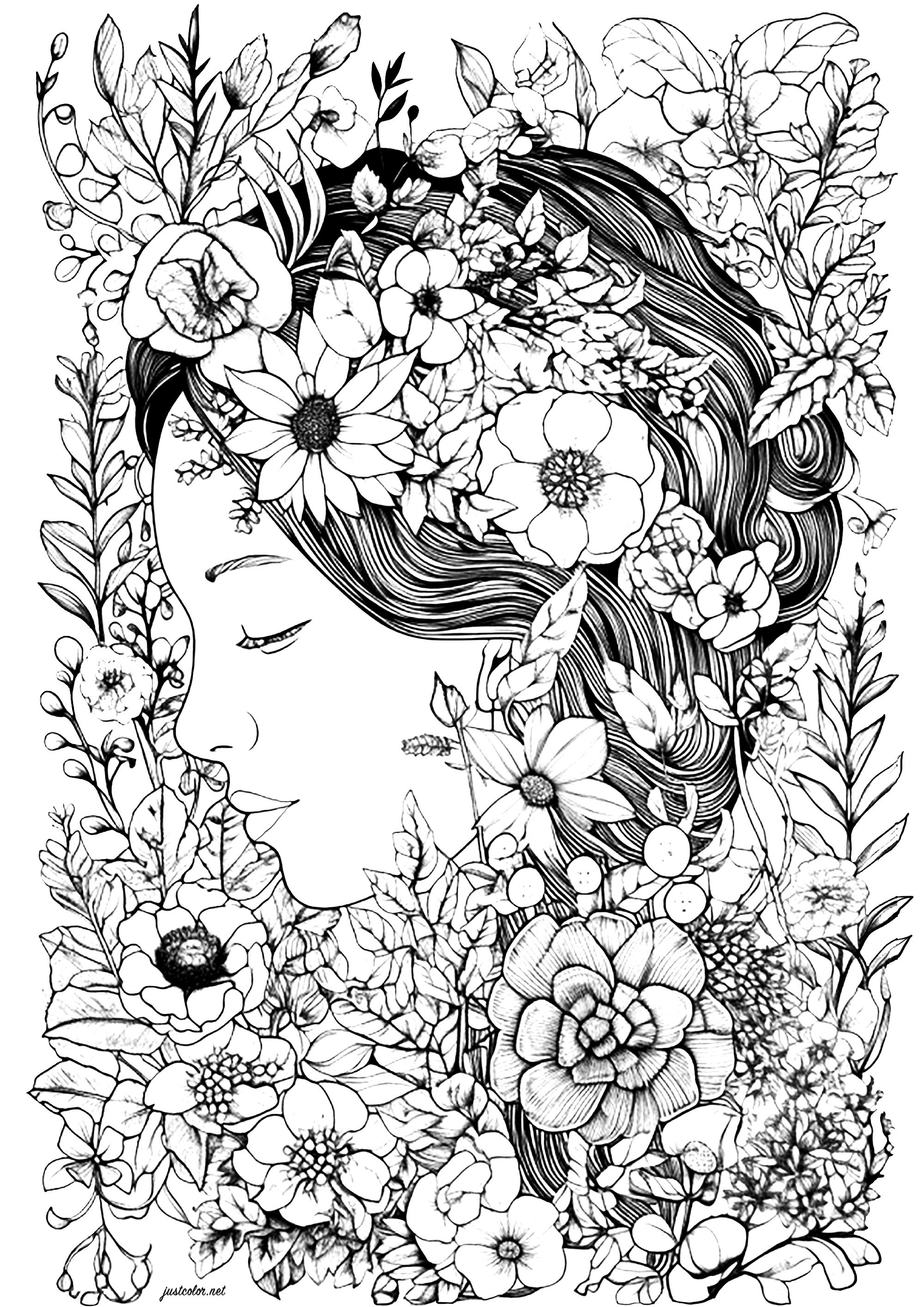 Visage féminin apaisé et jolies fleurs. Un magnifique coloriage composé de fleurs laissant apparaître le visage d'une femme mystérieuse