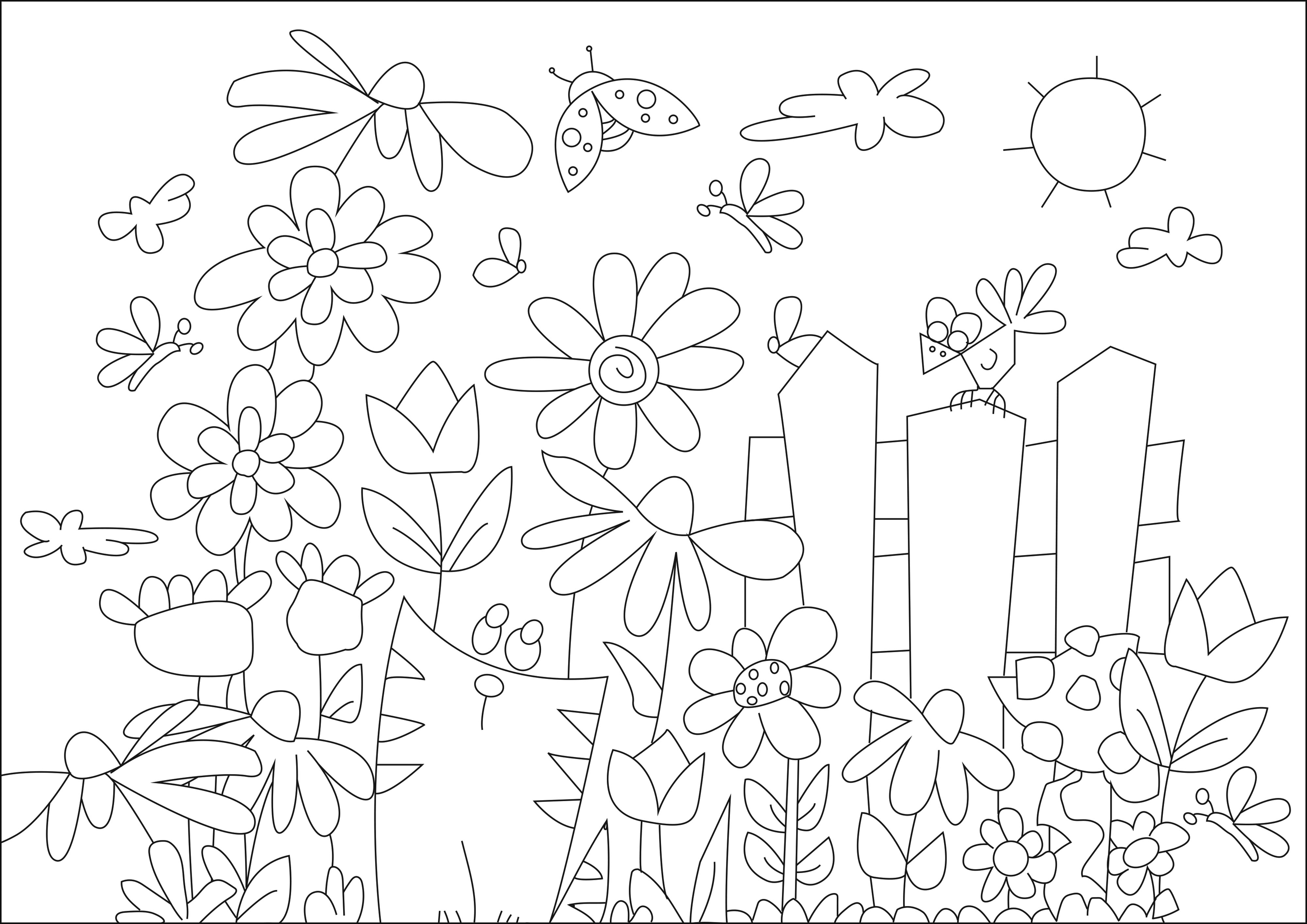 Jardin fleuri avec de jolis papillons, coccinelles et un chat contemplant les fleurs, Artiste : Caillou